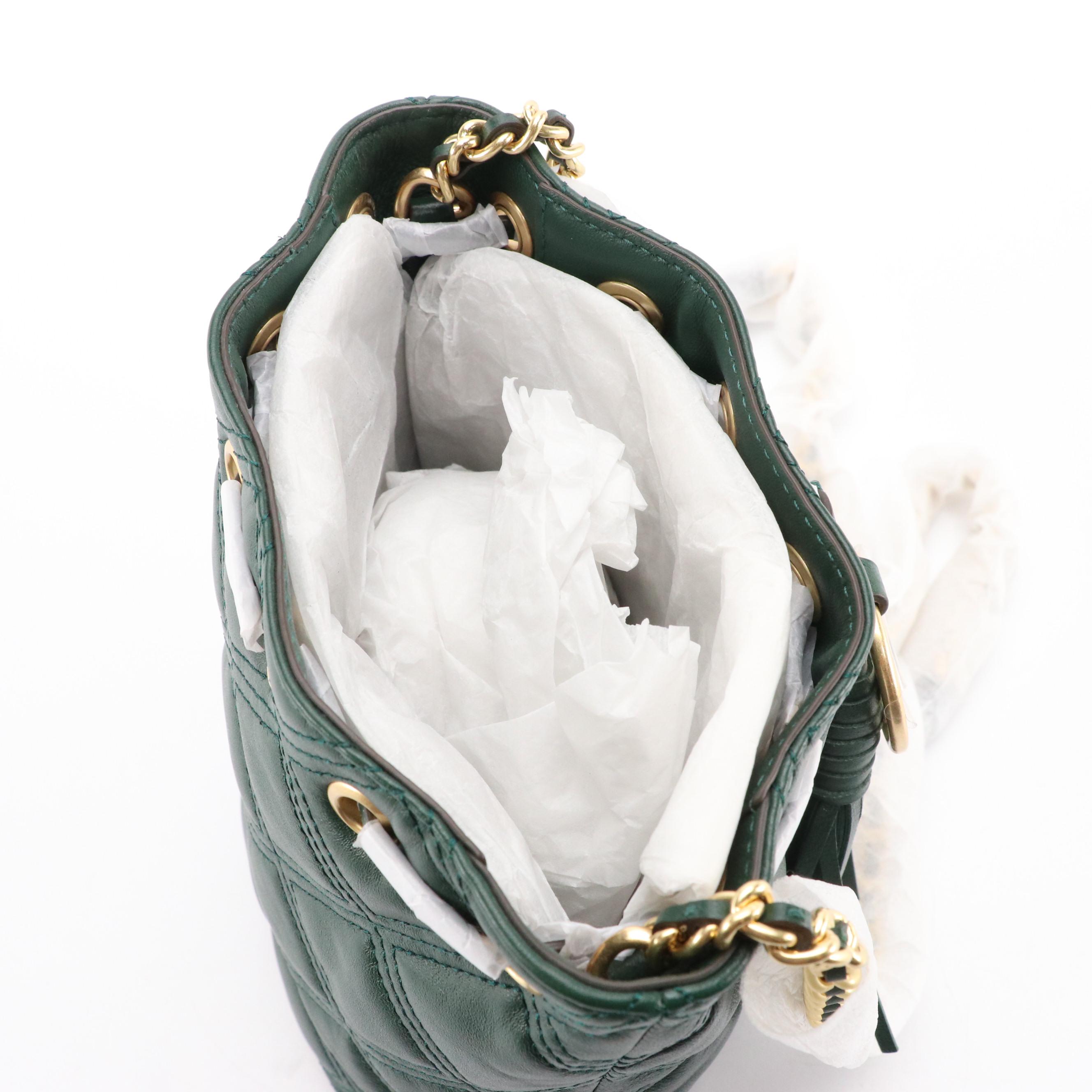 Tory Burch Fleming Mini Drawstring Bucket Bag in Pine Tree Leather, New With Tag