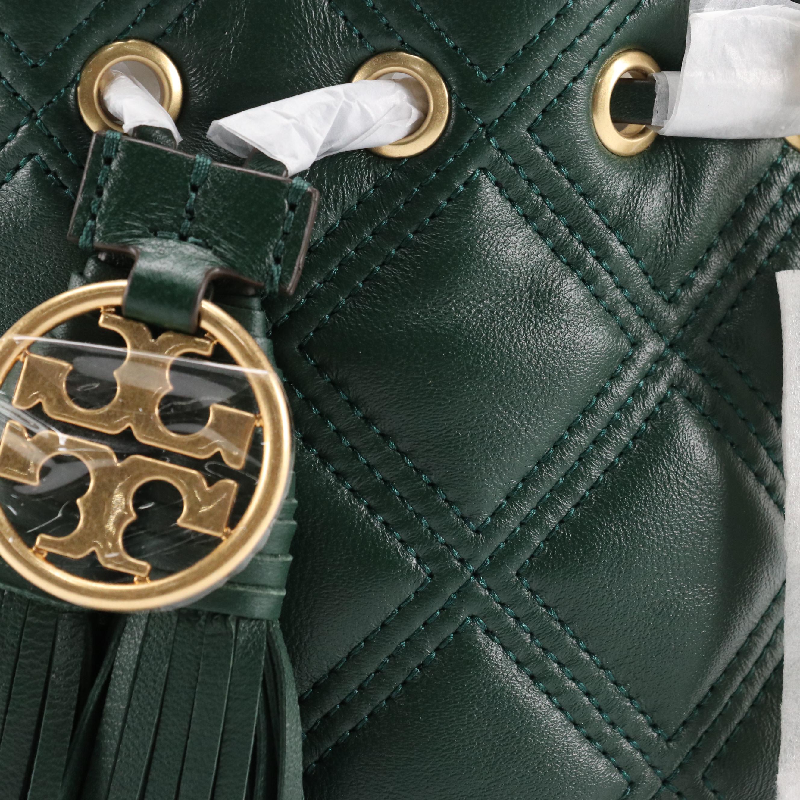 Tory Burch Fleming Mini Drawstring Bucket Bag in Pine Tree Leather, New With Tag