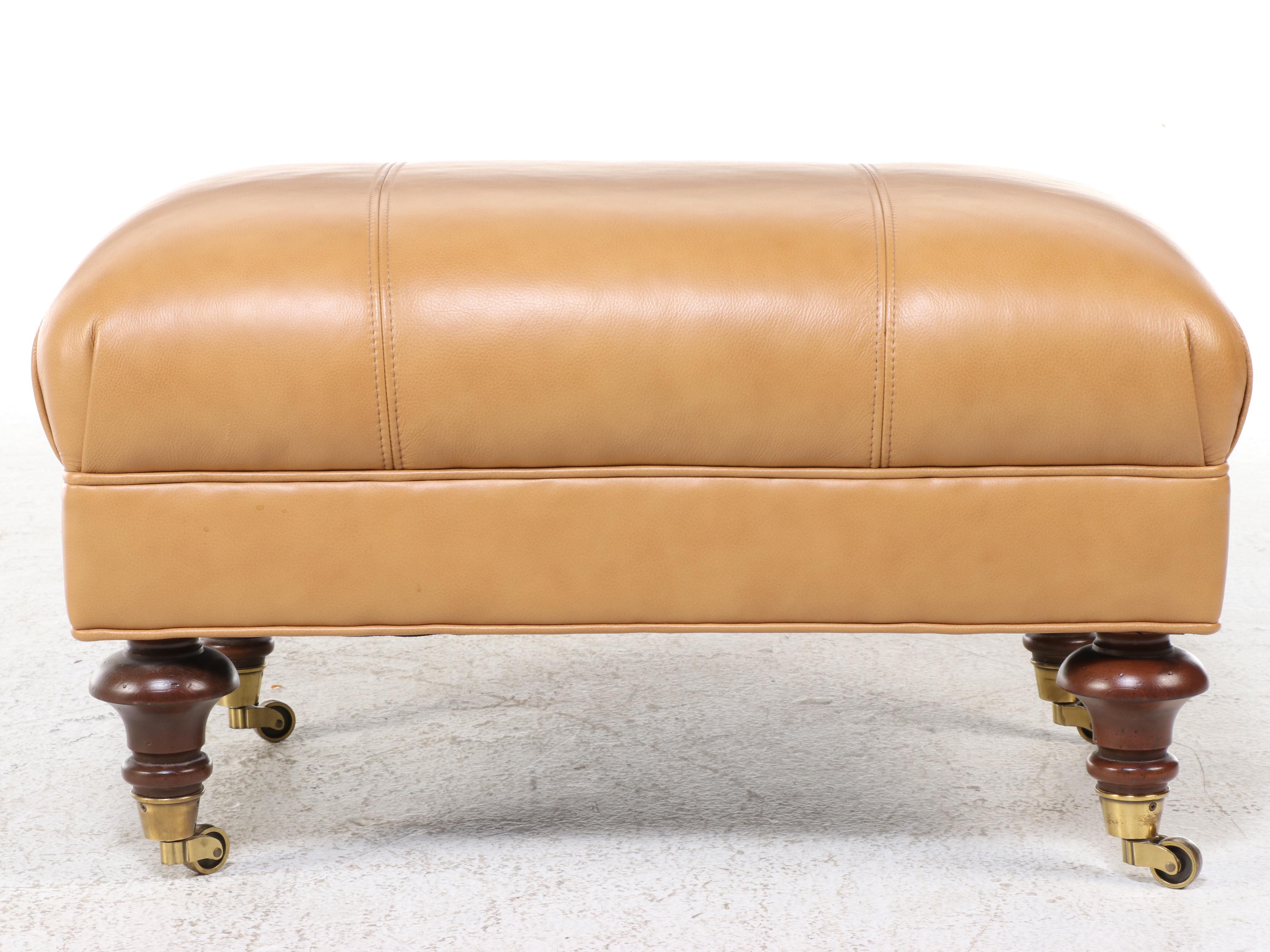 Ethan Allen Victorian Style Hardwood and Leather Ottoman
