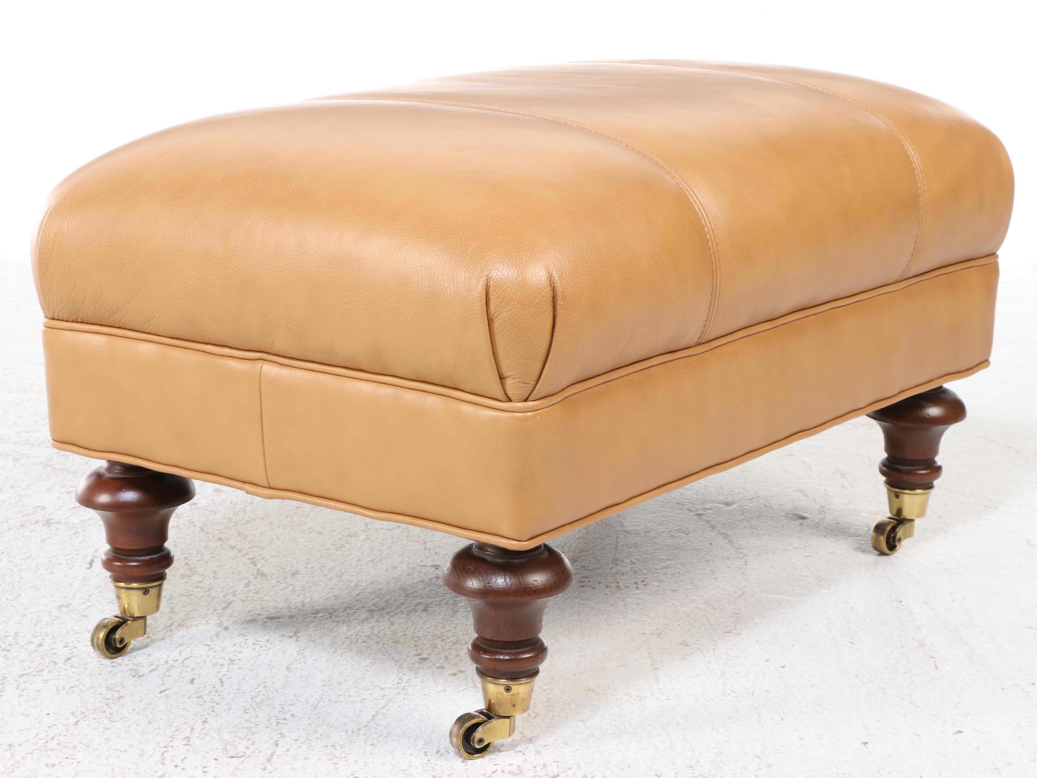Ethan Allen Victorian Style Hardwood and Leather Ottoman