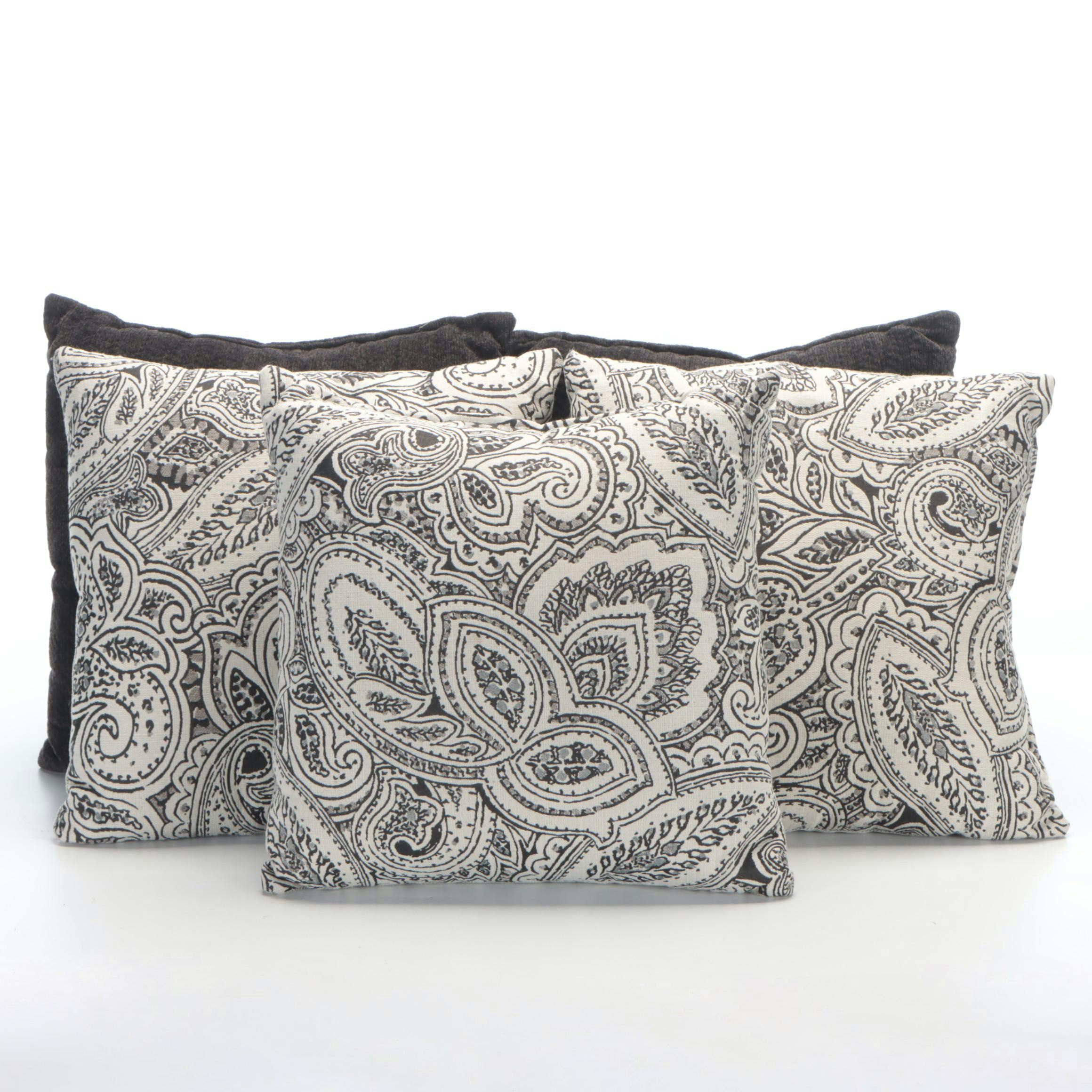 Contemporary Woven Paisley and Black Chenille Throw Pillows