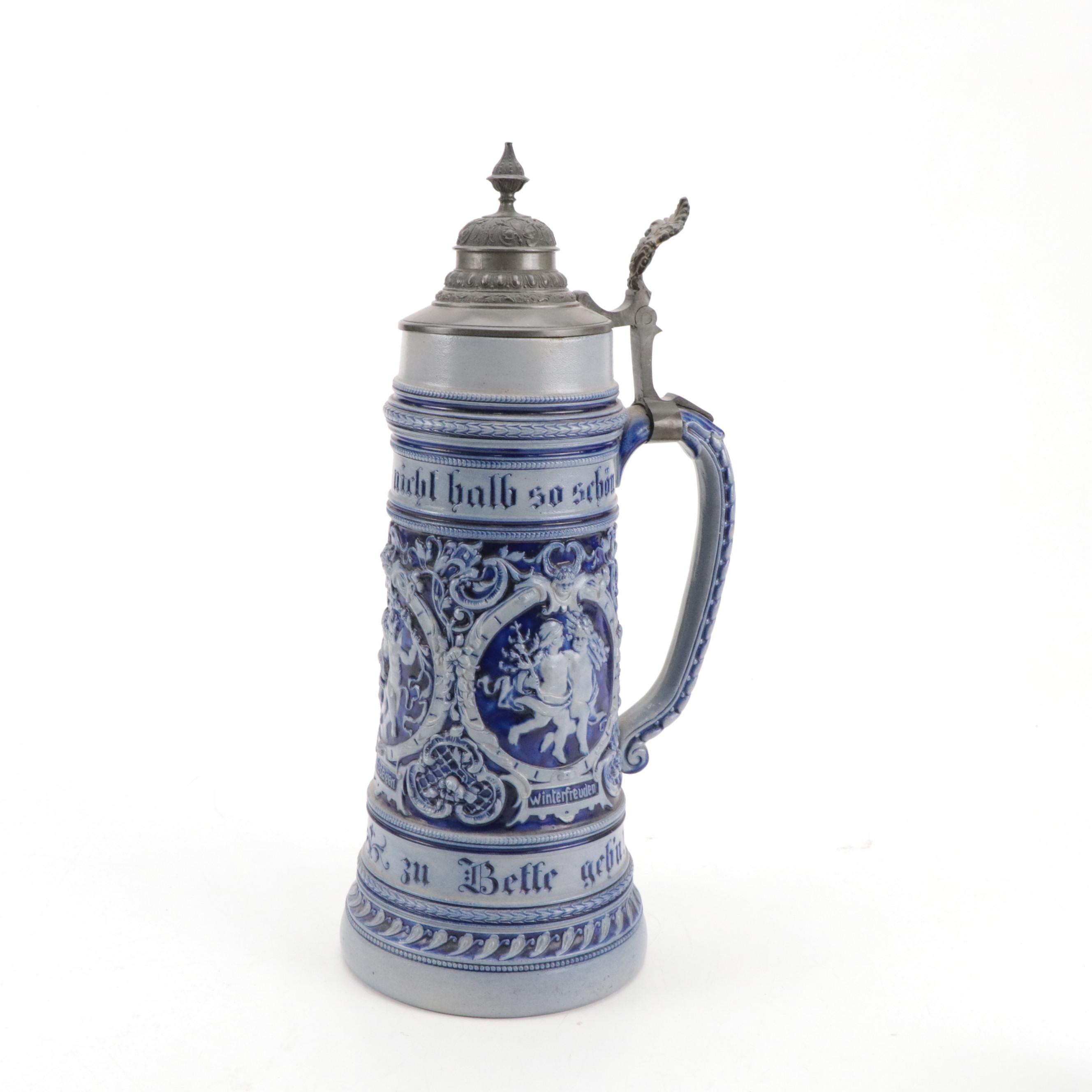German Stoneware Beer Steins and Other Pitcher