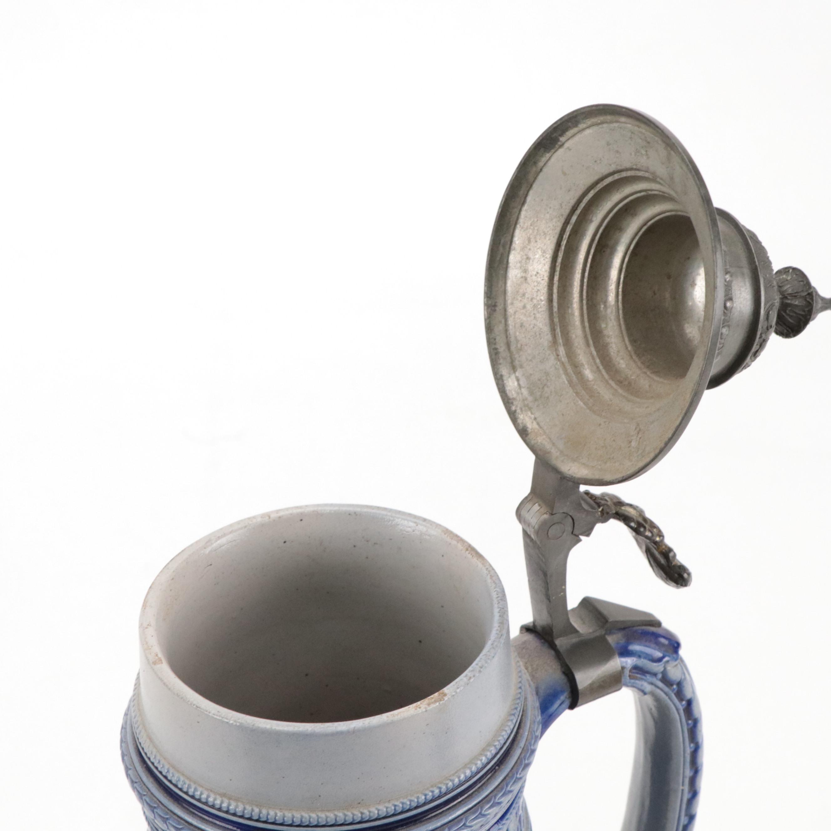 German Stoneware Beer Steins and Other Pitcher