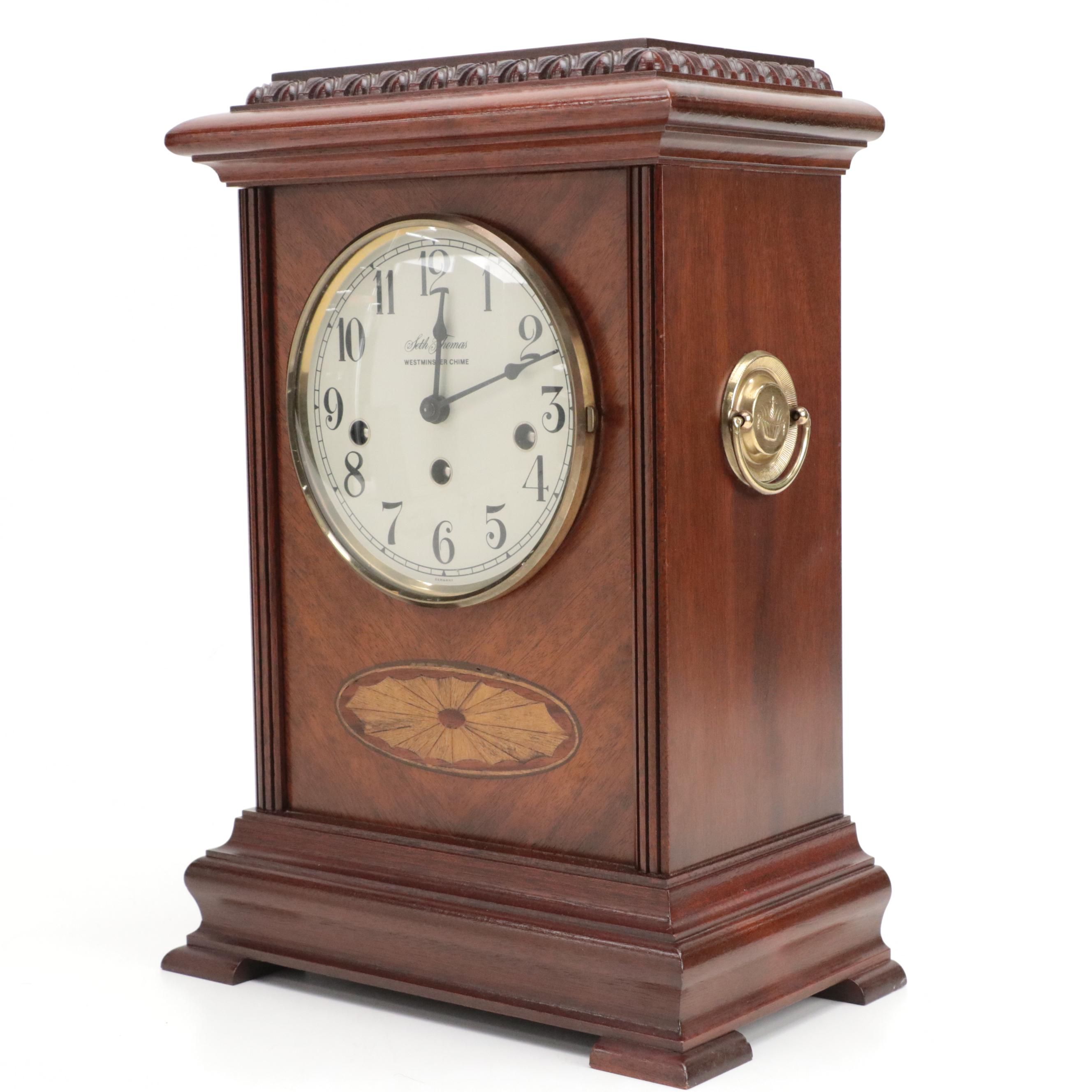 Seth Thomas "Monticello" Marquetry Westminster Chime Mantel Clock, Late 20th C.