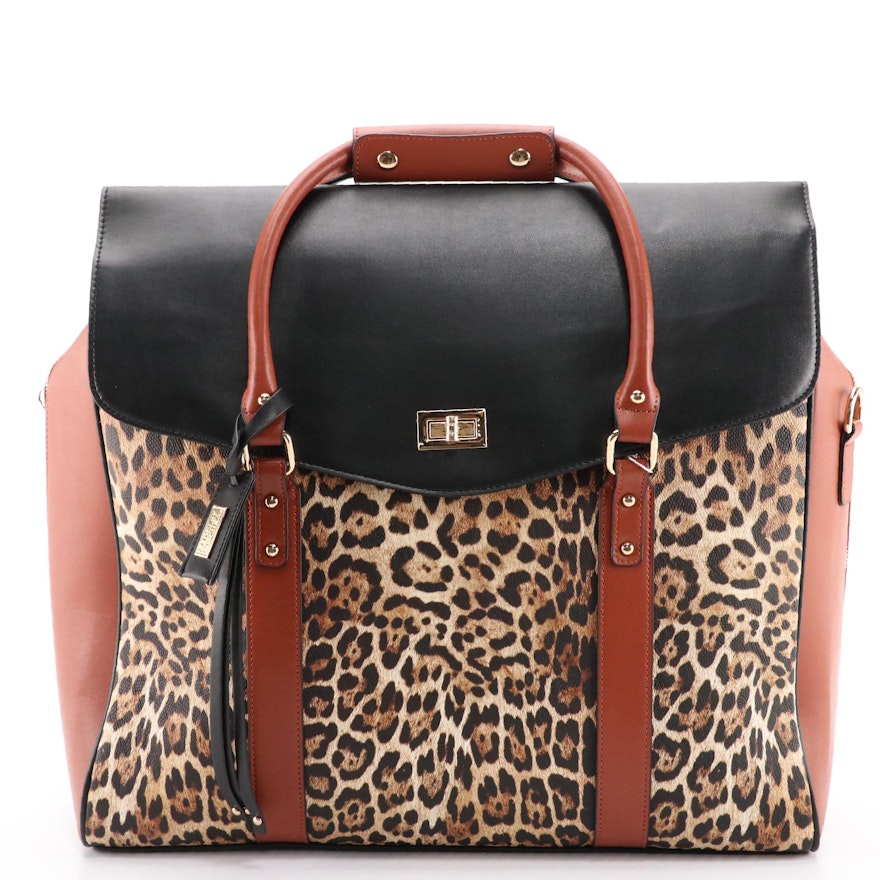 Badgley Mischka Two-Way Weekender Travel Bag in Bicolor & Leopard Print Leather