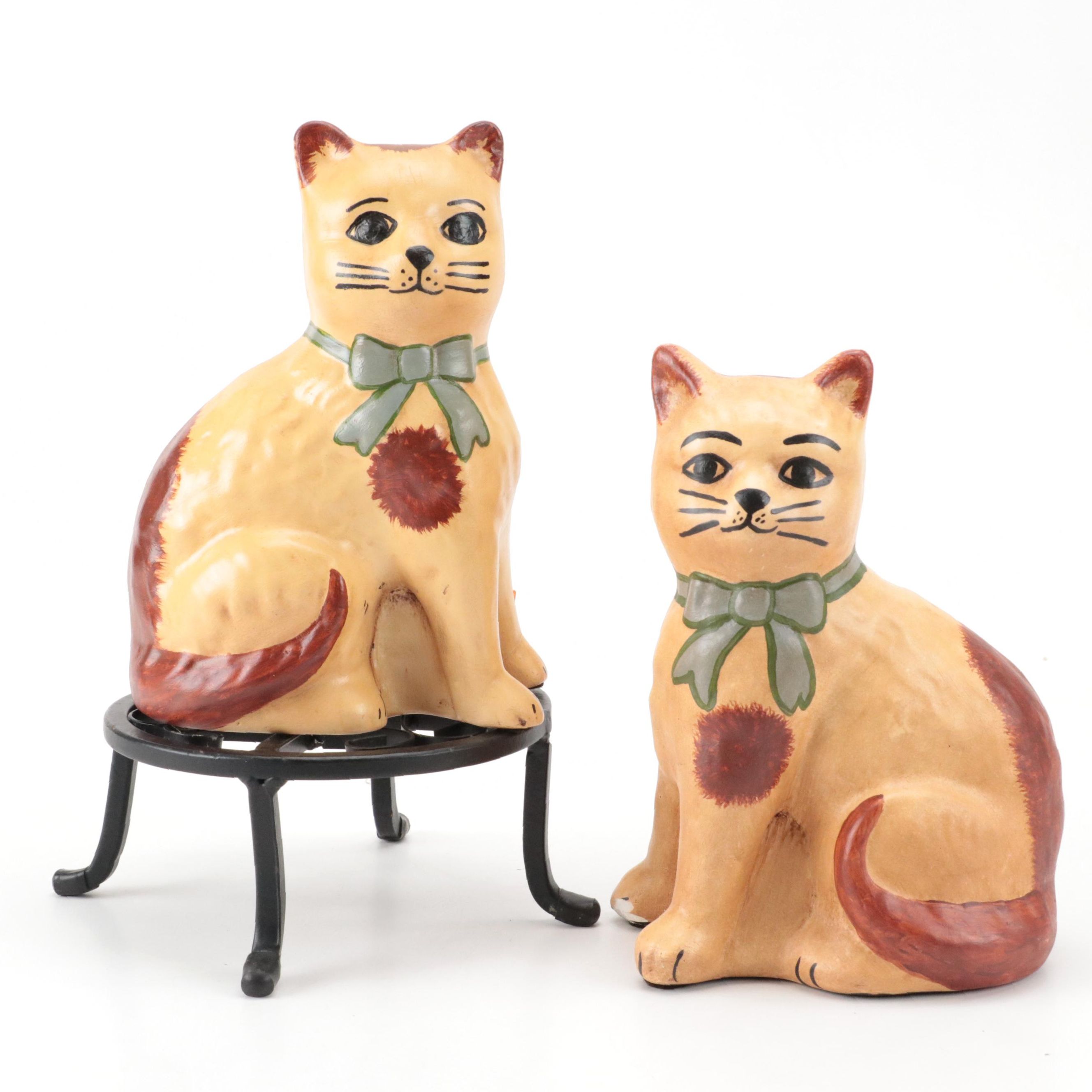 D. Wesson & Co. Chalkware Cat Figurines with Metal Plant Stand