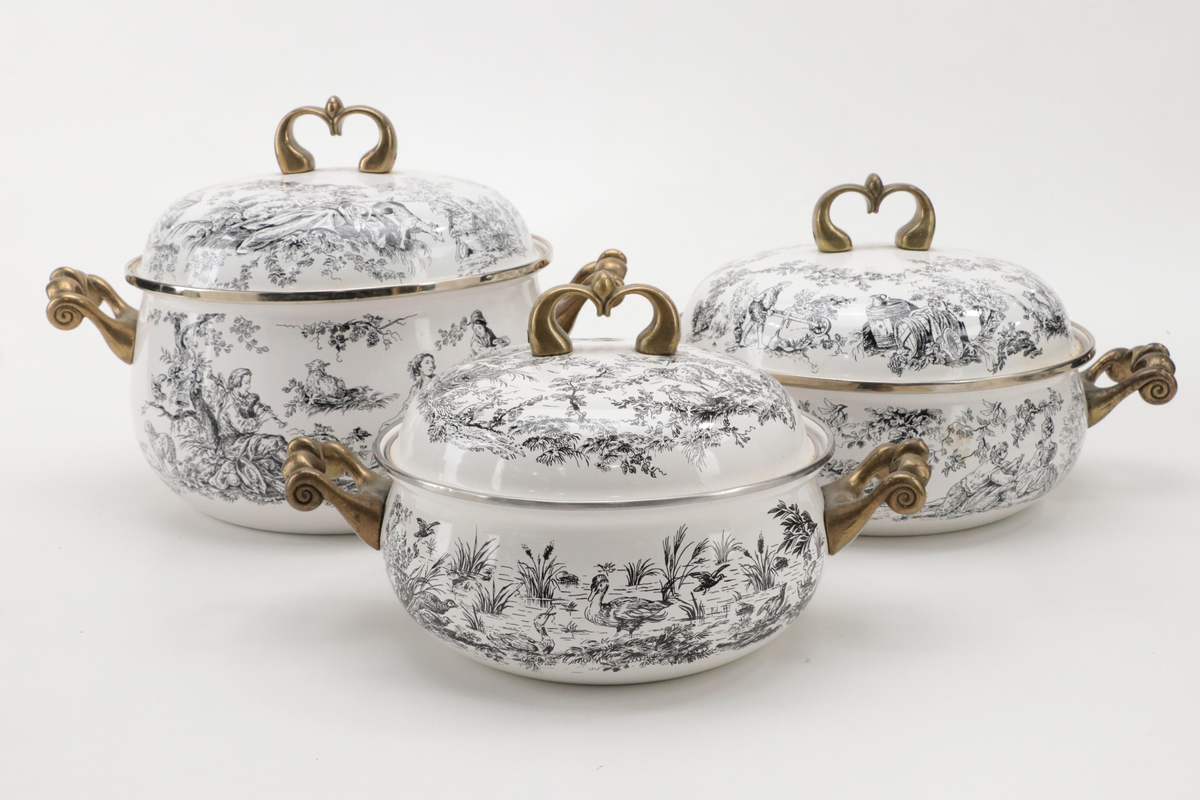 Tabletops Unlimited "New England Toile" Enamel and Brass Cookware