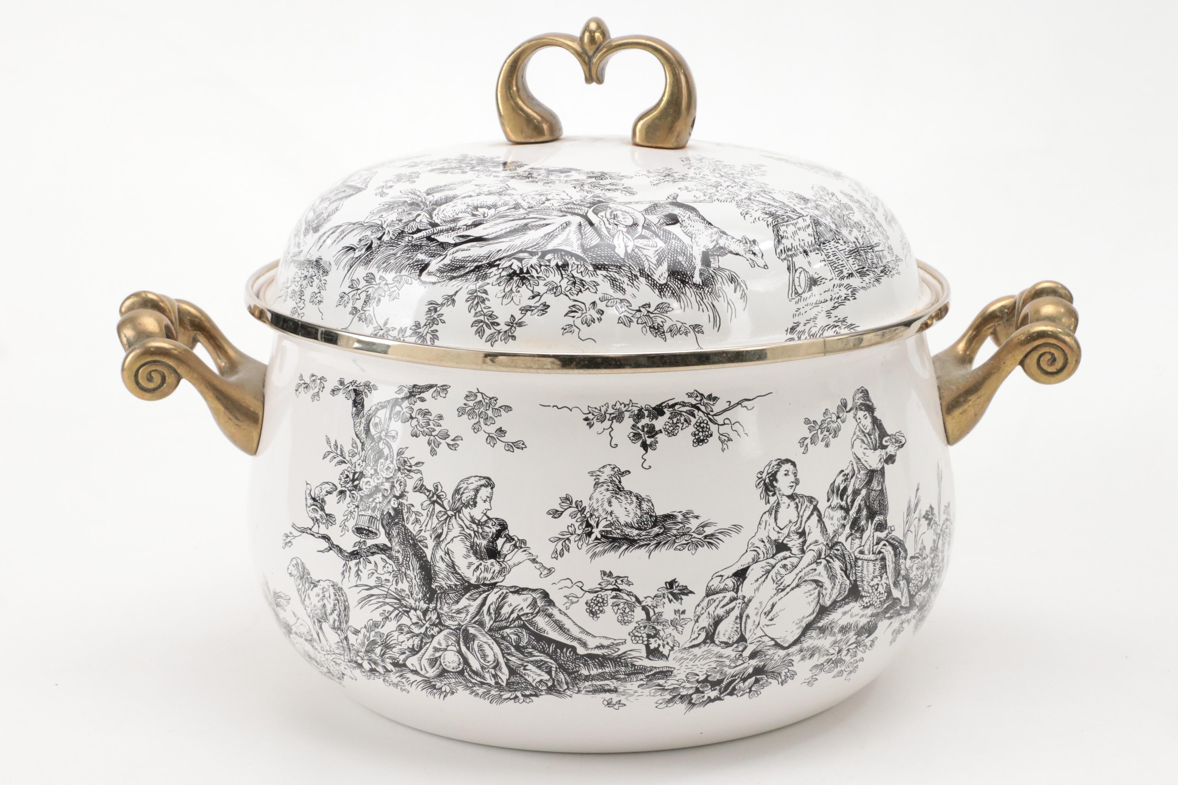 Tabletops Unlimited "New England Toile" Enamel and Brass Cookware