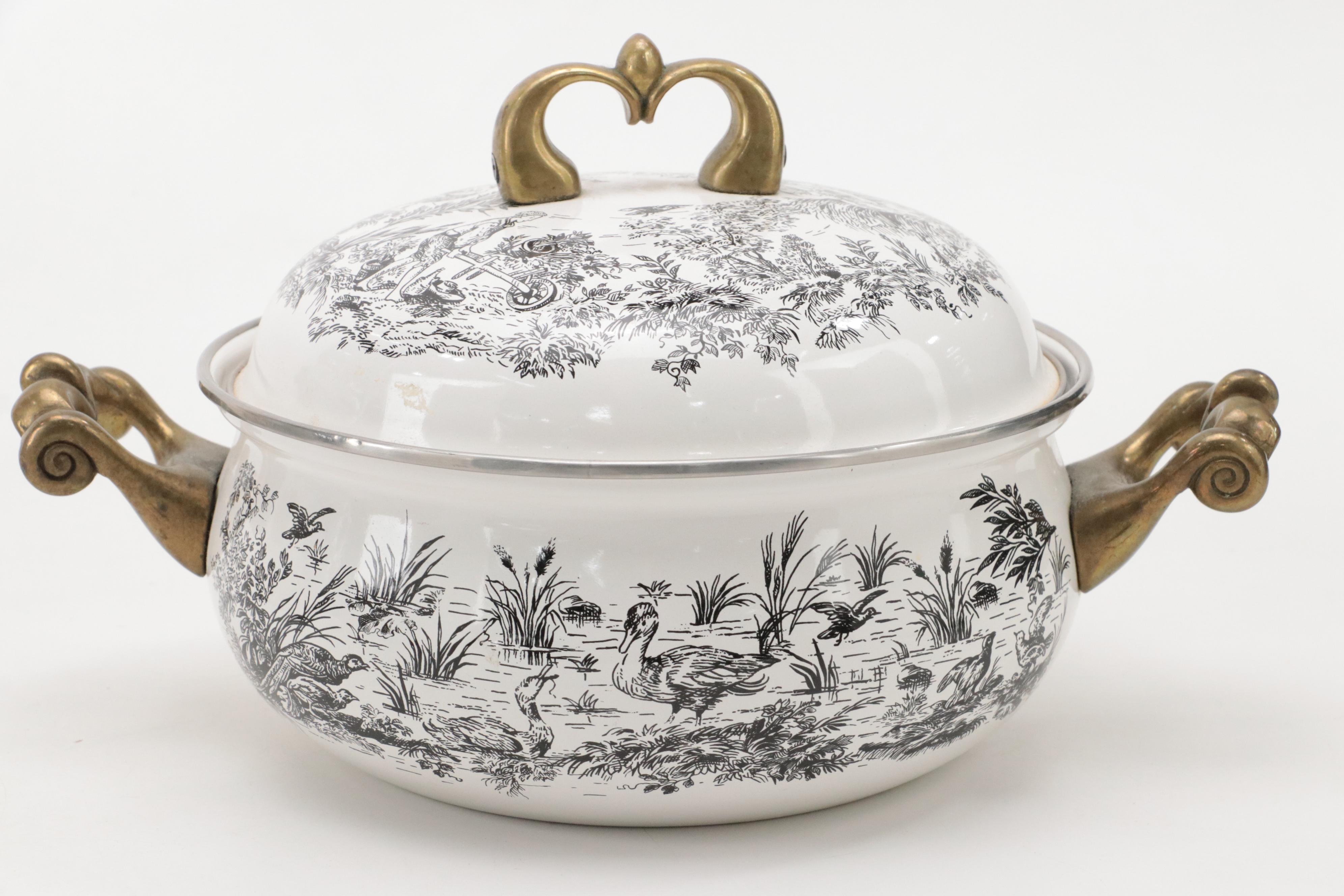 Tabletops Unlimited "New England Toile" Enamel and Brass Cookware