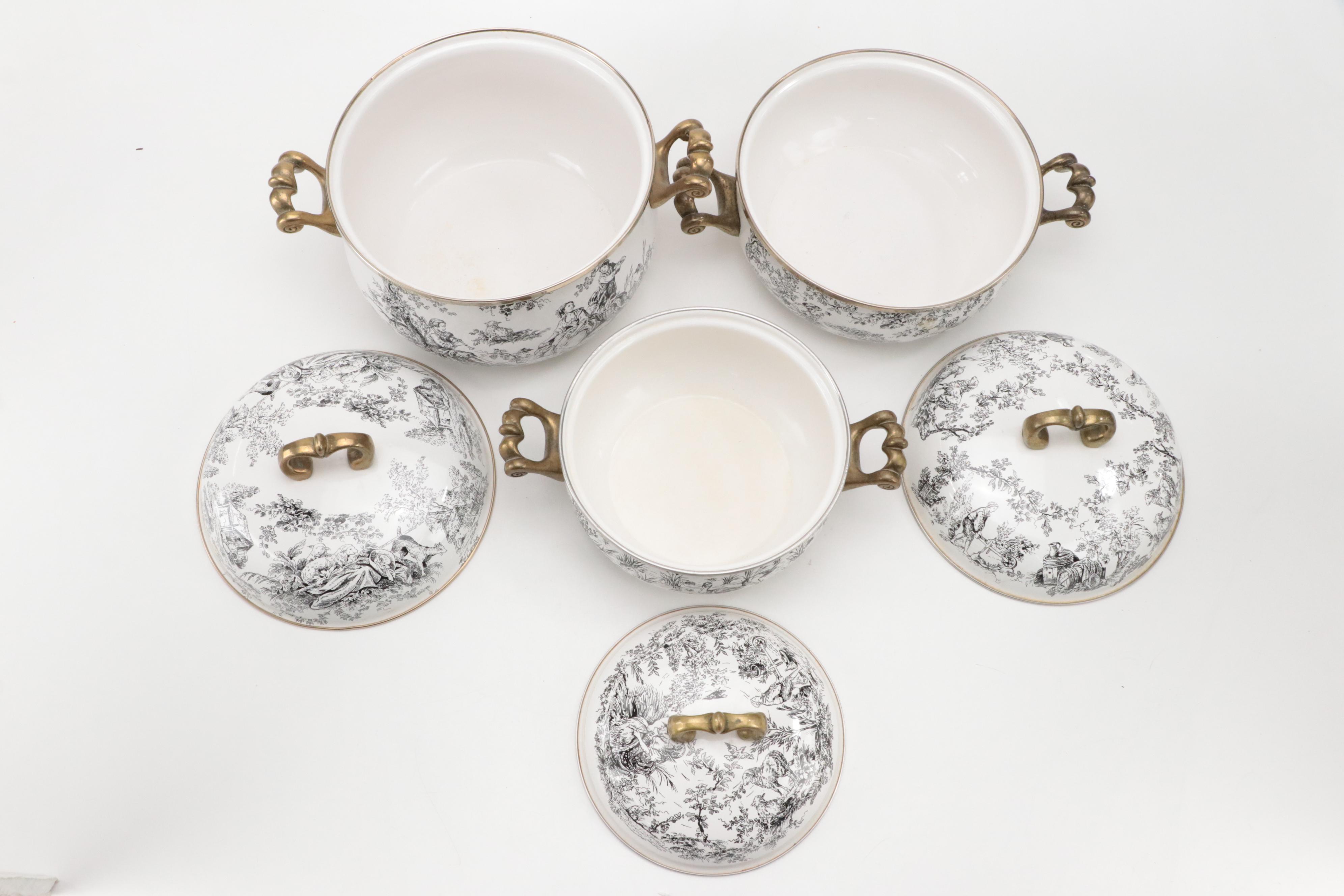 Tabletops Unlimited "New England Toile" Enamel and Brass Cookware