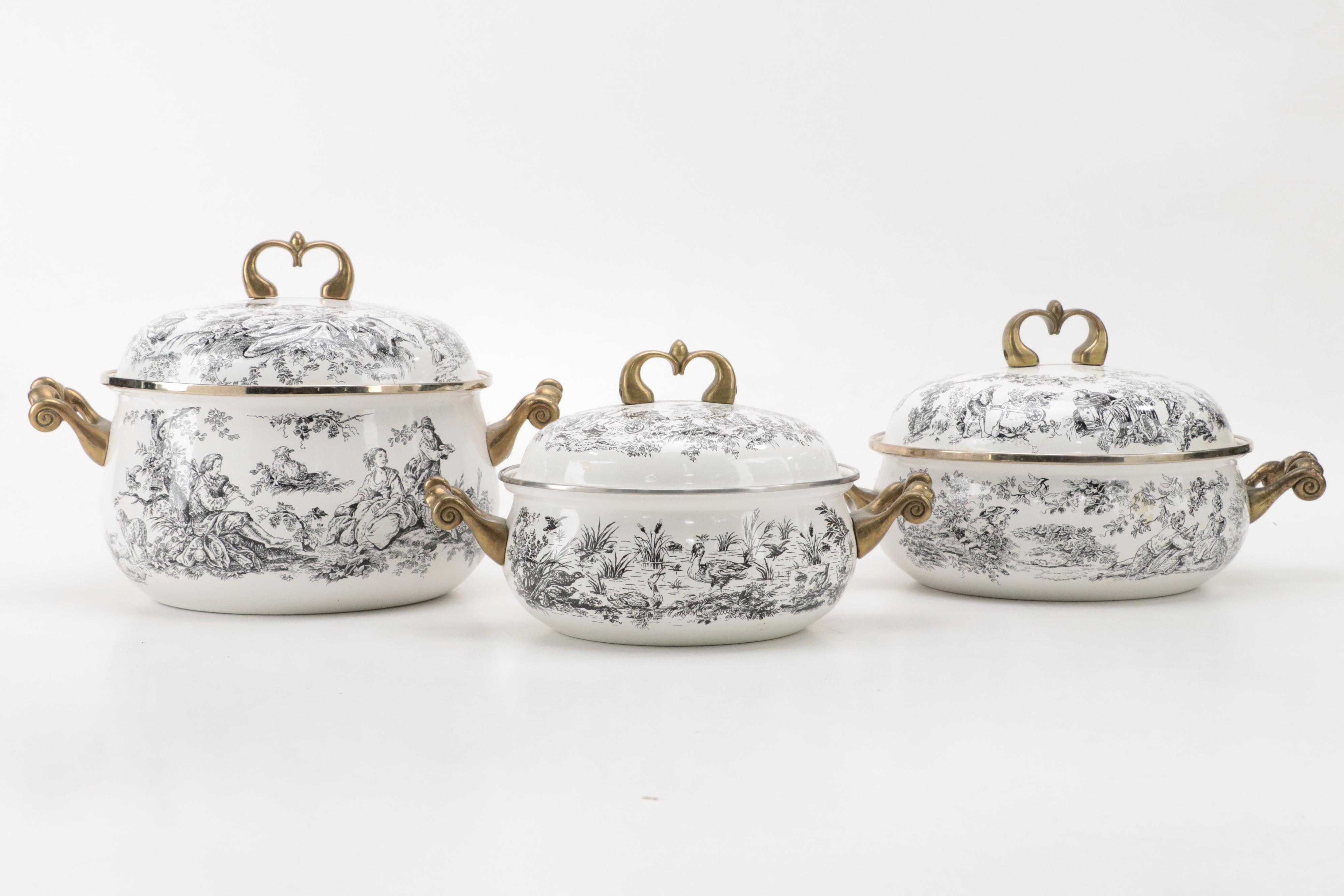 Tabletops Unlimited "New England Toile" Enamel and Brass Cookware