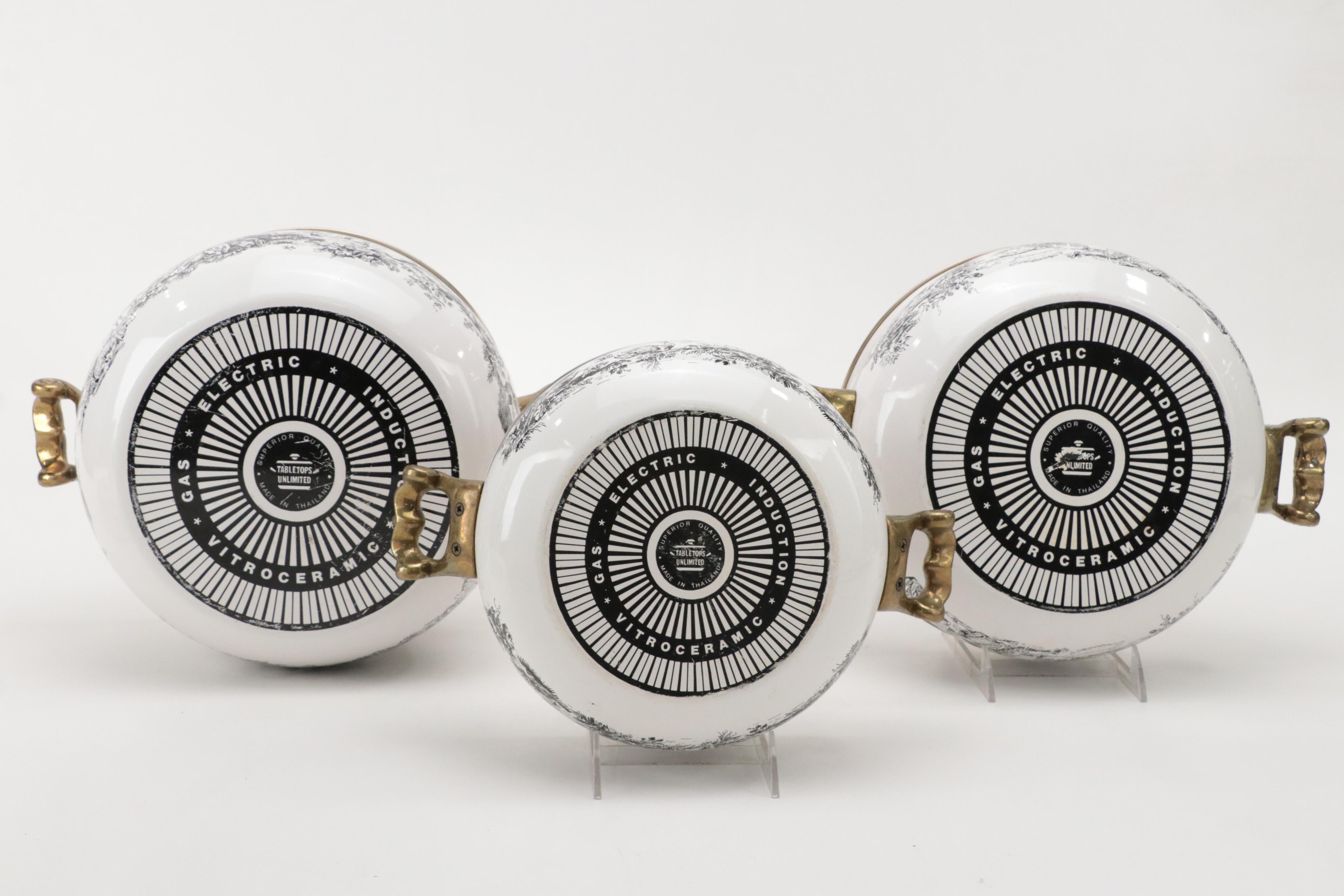 Tabletops Unlimited "New England Toile" Enamel and Brass Cookware