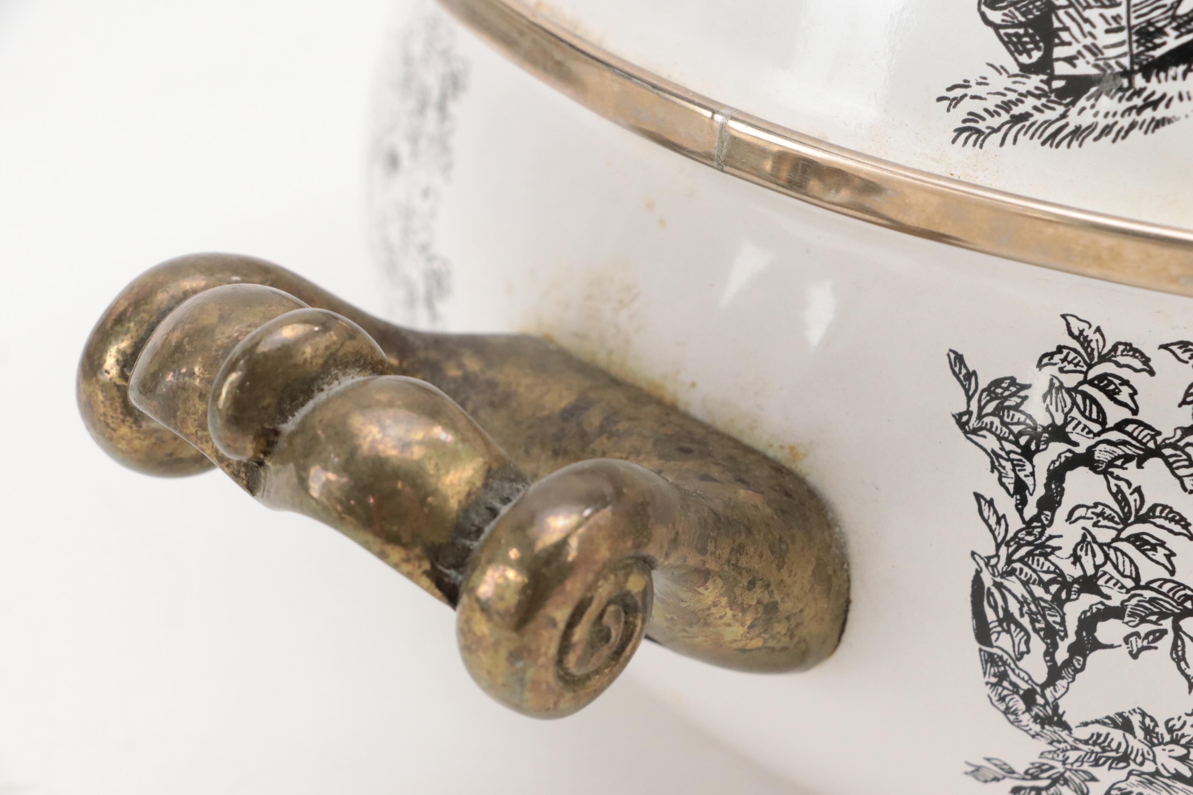 Tabletops Unlimited "New England Toile" Enamel and Brass Cookware