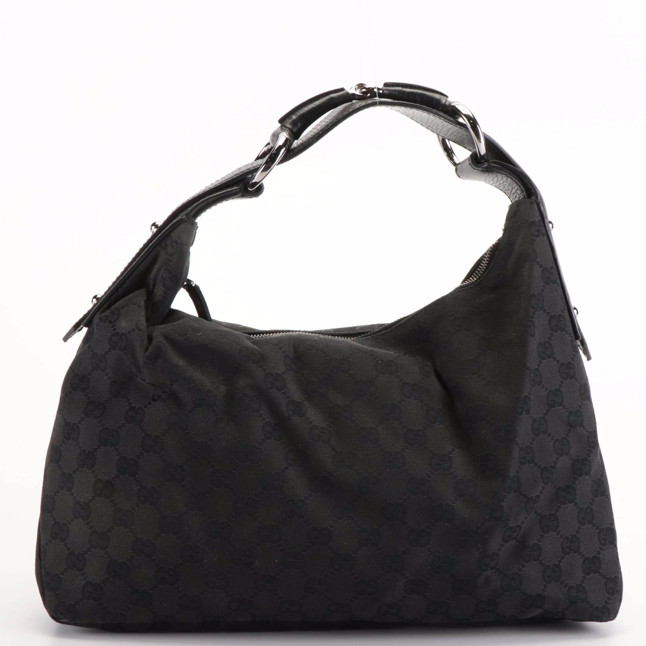 Gucci Horsebit Black Canvas Hobo Bag