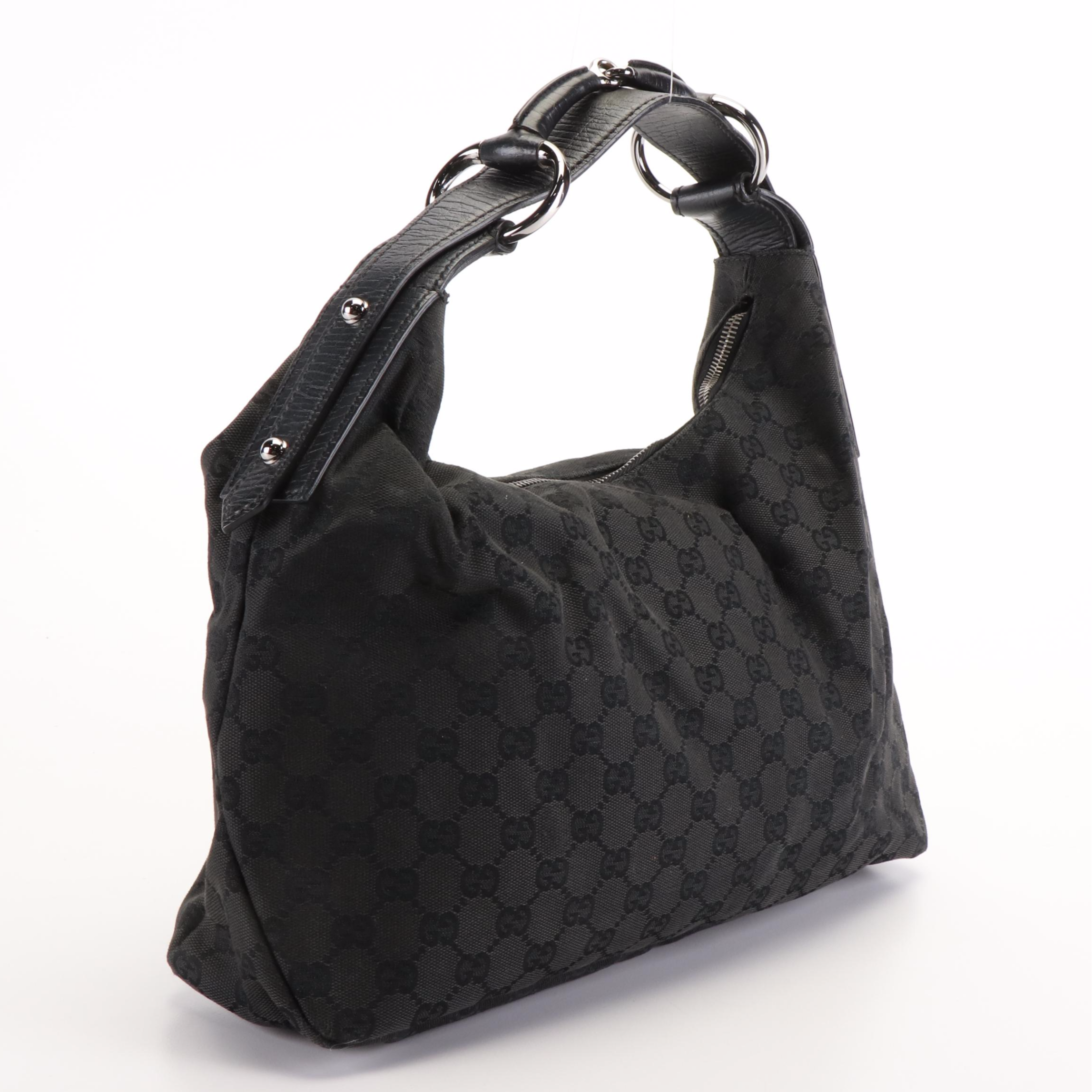 Gucci Horsebit Black Canvas Hobo Bag