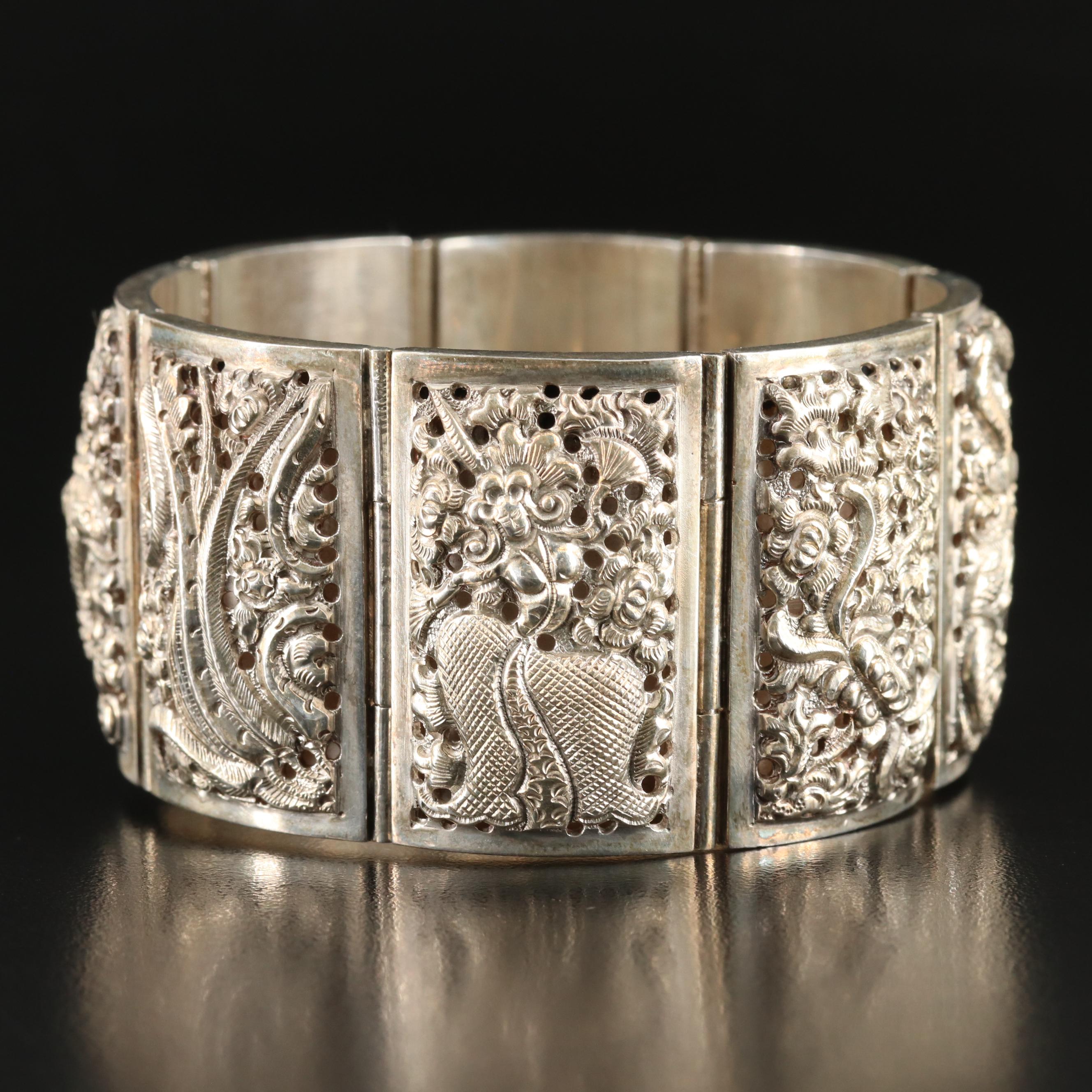 950 Silver Panel Bracelet with Floral, Dragon, Bird and Dancer Motifs
