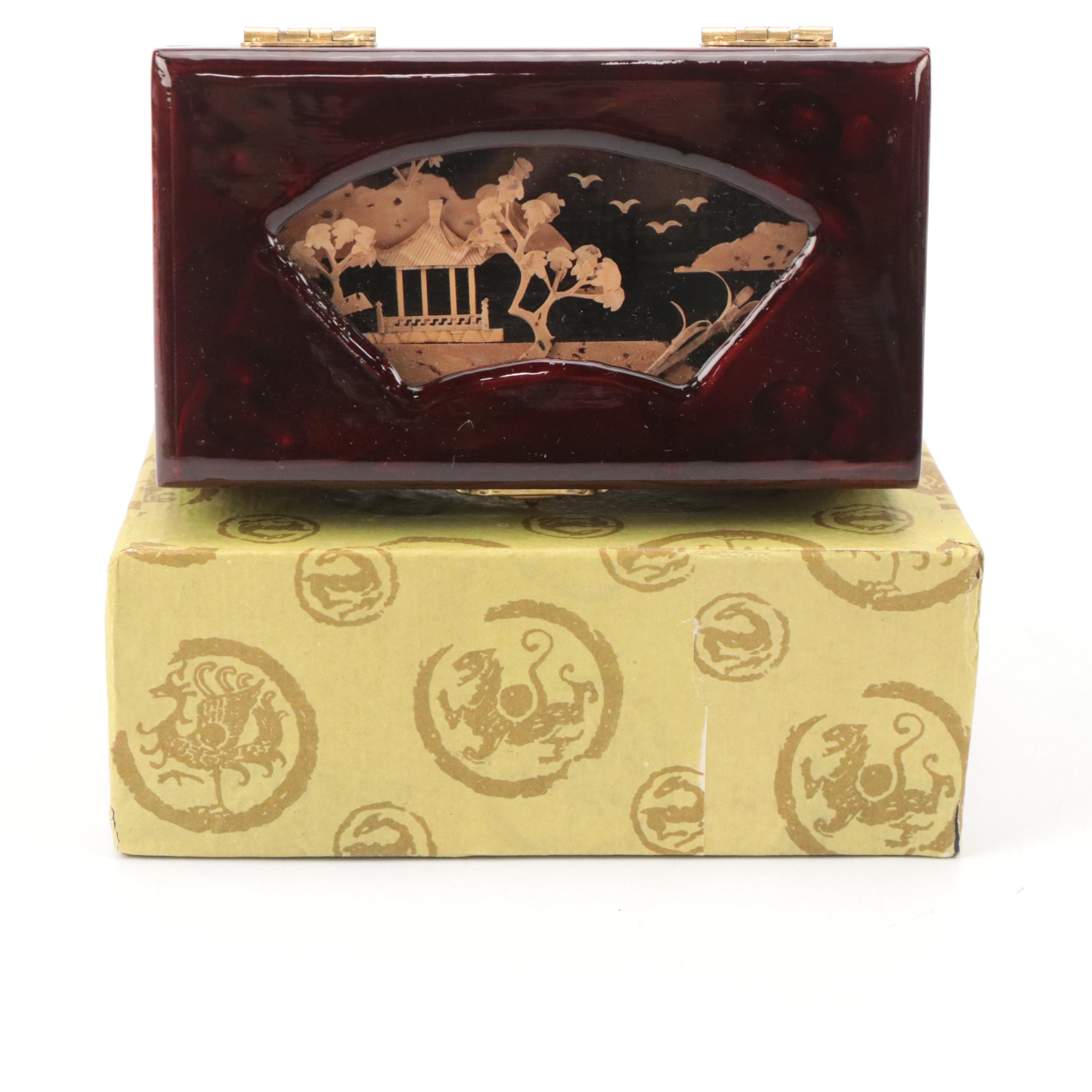 Chinese Hand-Decorated Paper Fan with Lacquered Box, Stuffed Bear and More