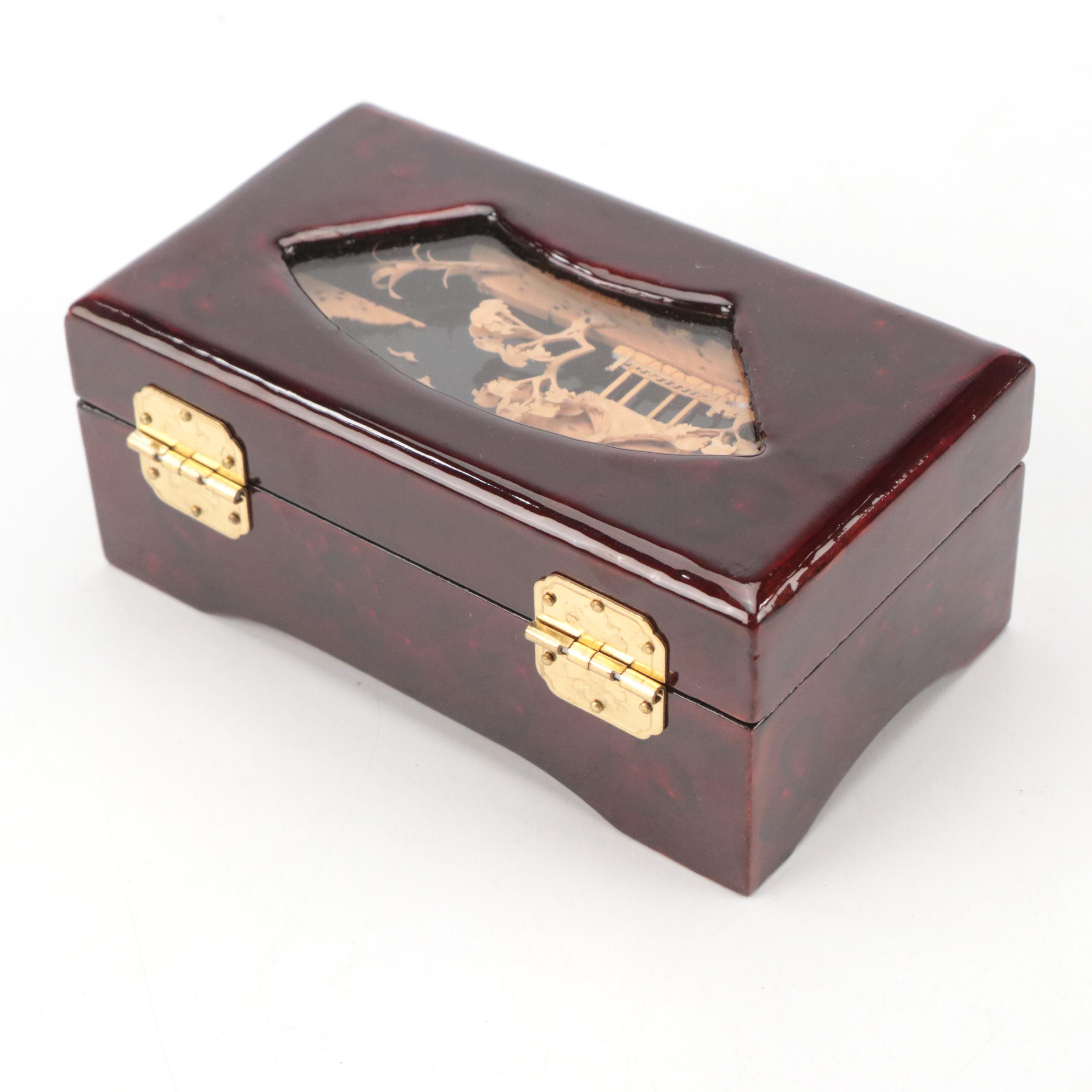 Chinese Hand-Decorated Paper Fan with Lacquered Box, Stuffed Bear and More