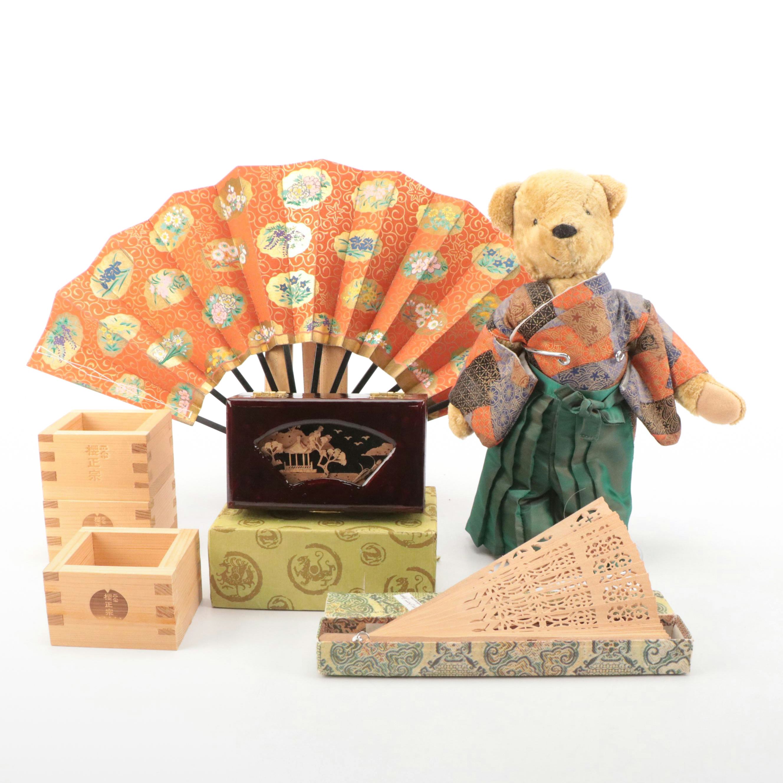Chinese Hand-Decorated Paper Fan with Lacquered Box, Stuffed Bear and More
