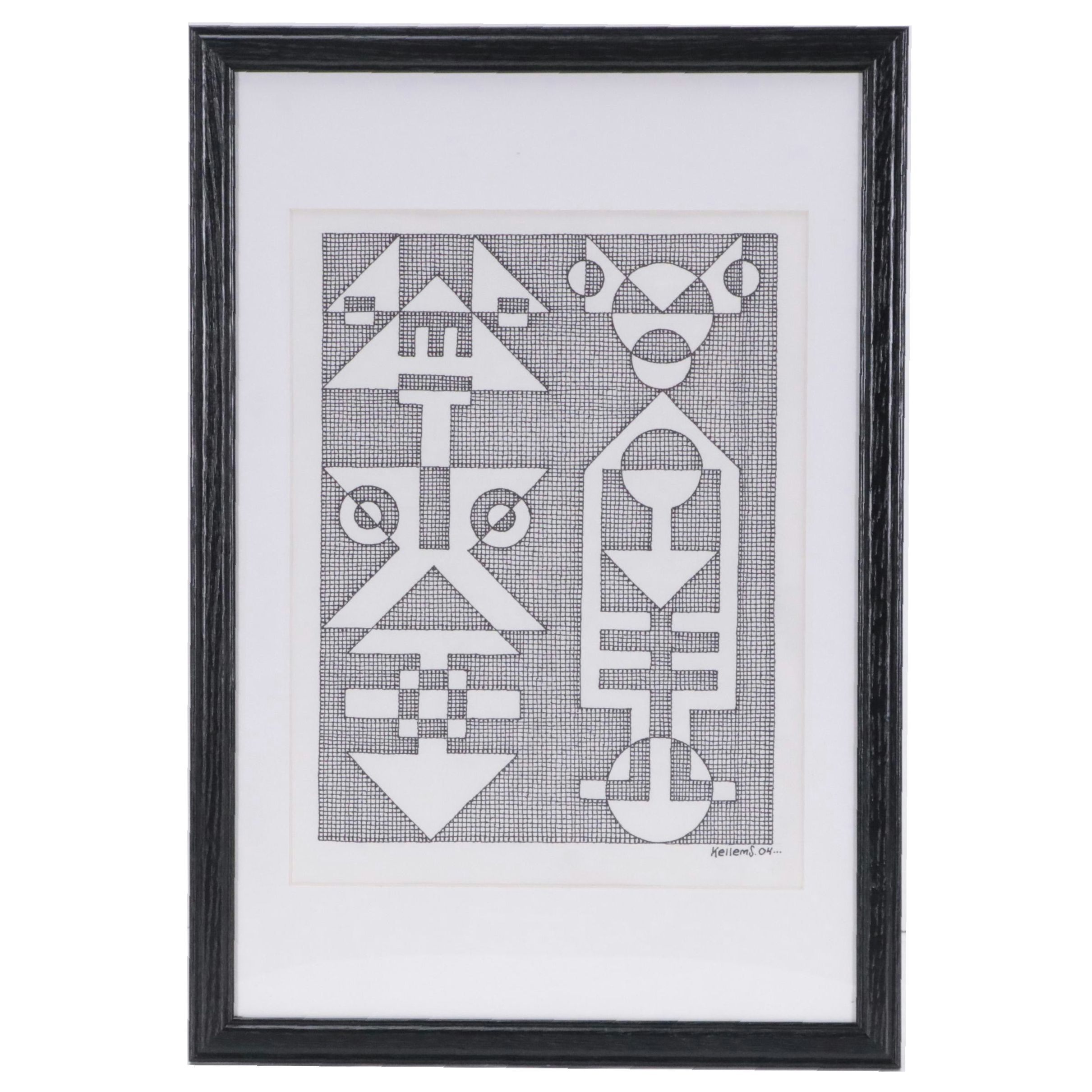 Jerry Kellems Abstract Geometric Ink Drawing, 2004