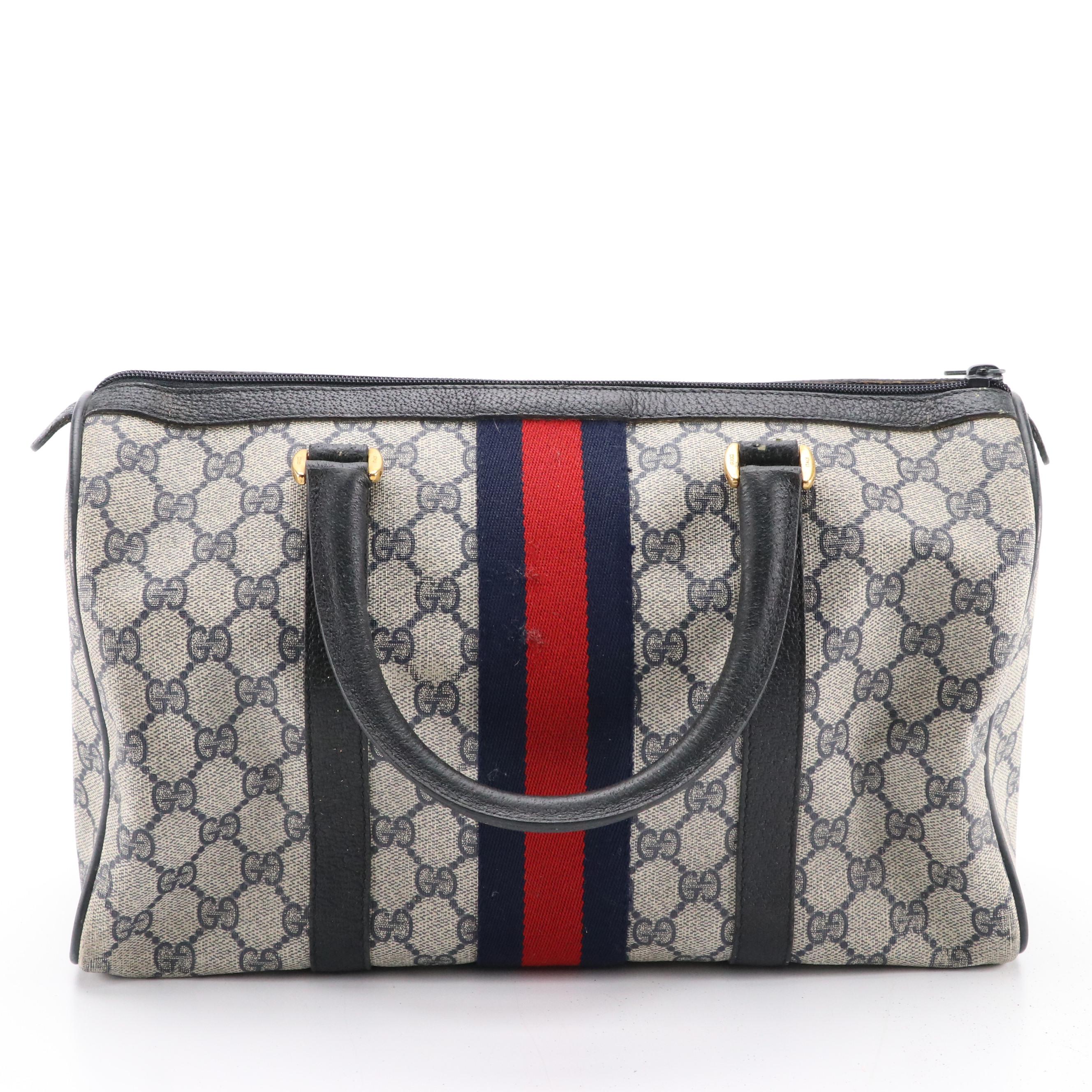 Gucci Accessory Collection Web Stripe Boston Bag in GG Coated Canvas and Leather