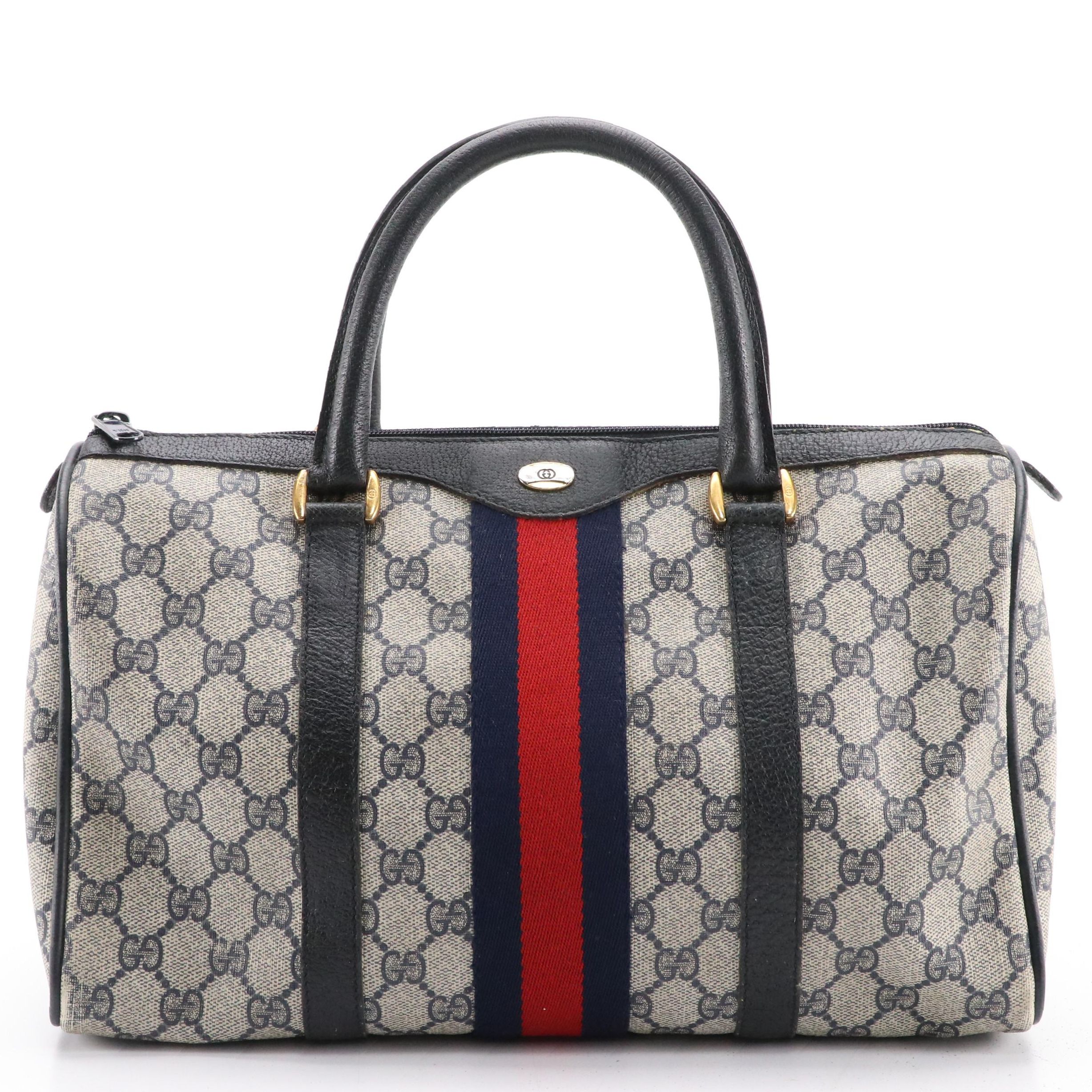 Gucci Accessory Collection Web Stripe Boston Bag in GG Coated Canvas and Leather