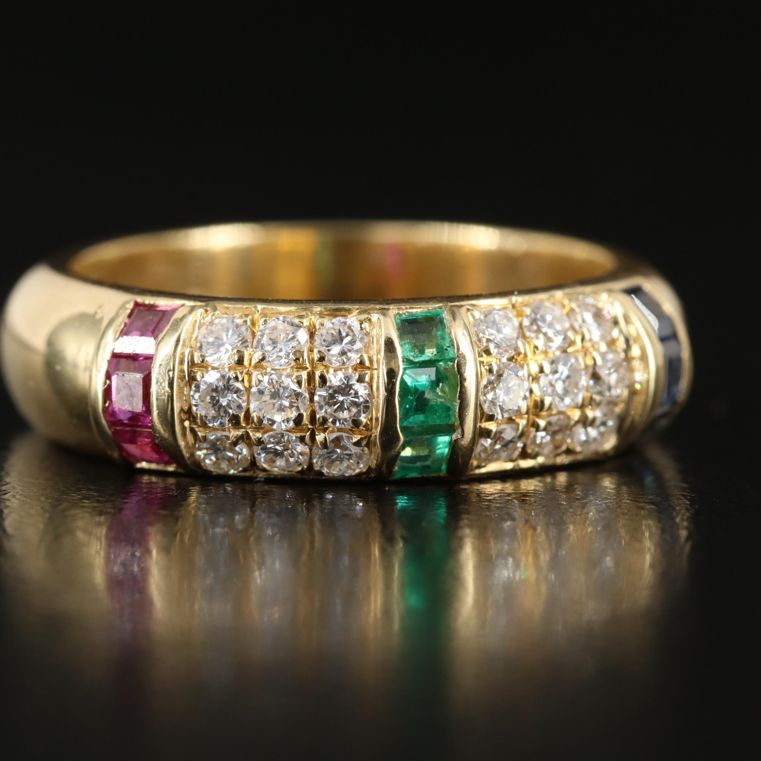 18K Diamond, Ruby, Emerald and Sapphire Ring