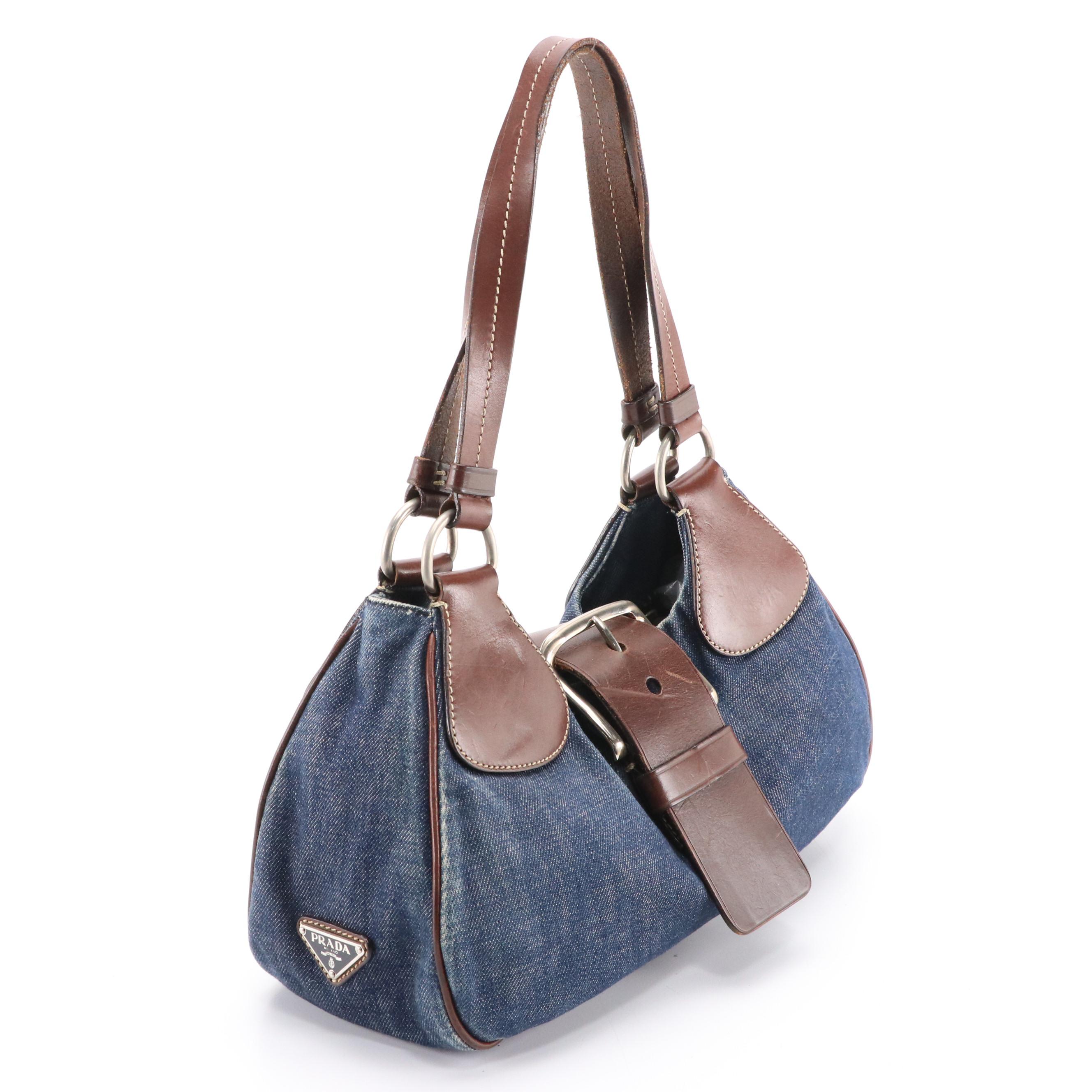 Prada Denim Shoulder Bag with Chocolate Brown Leather Trim