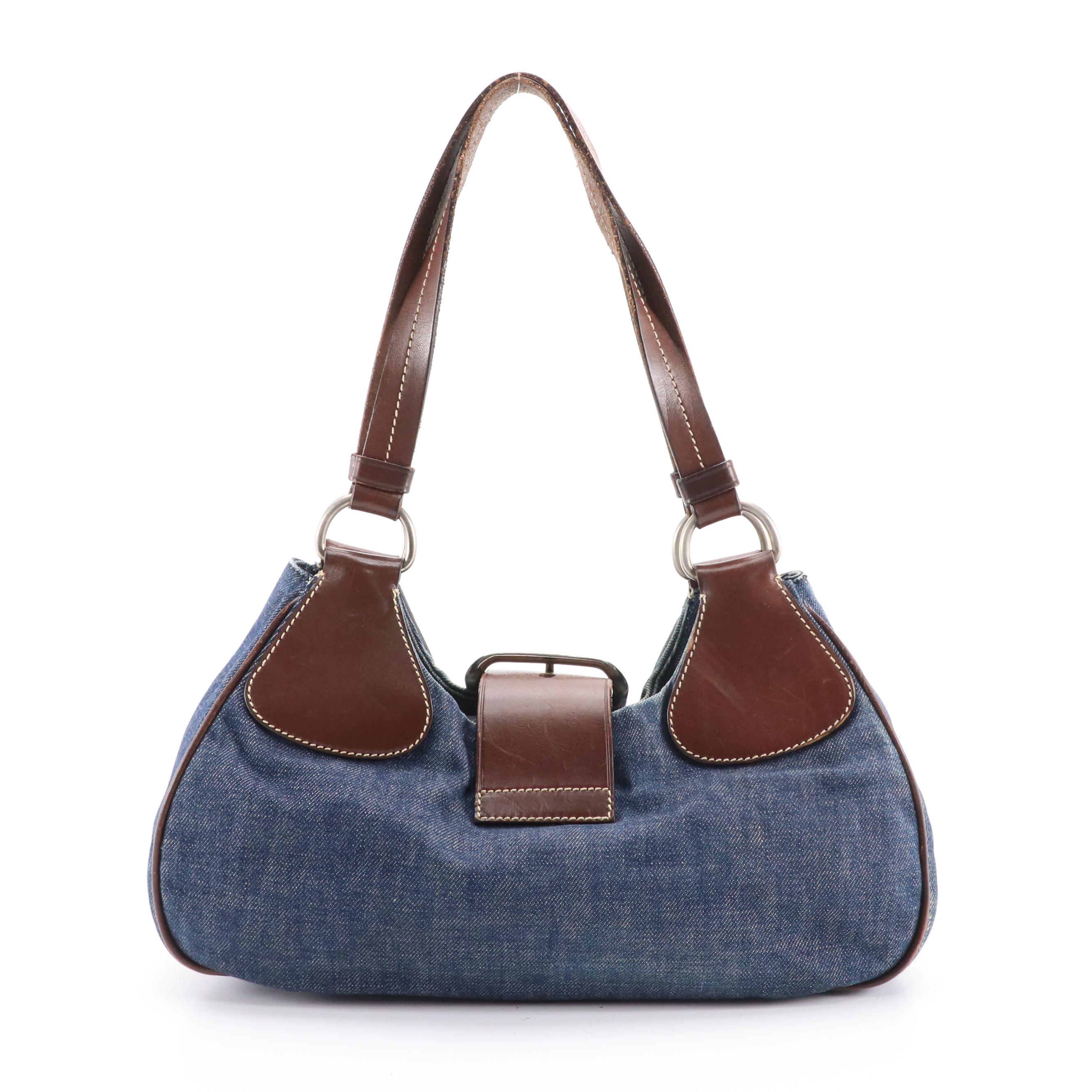 Prada Denim Shoulder Bag with Chocolate Brown Leather Trim