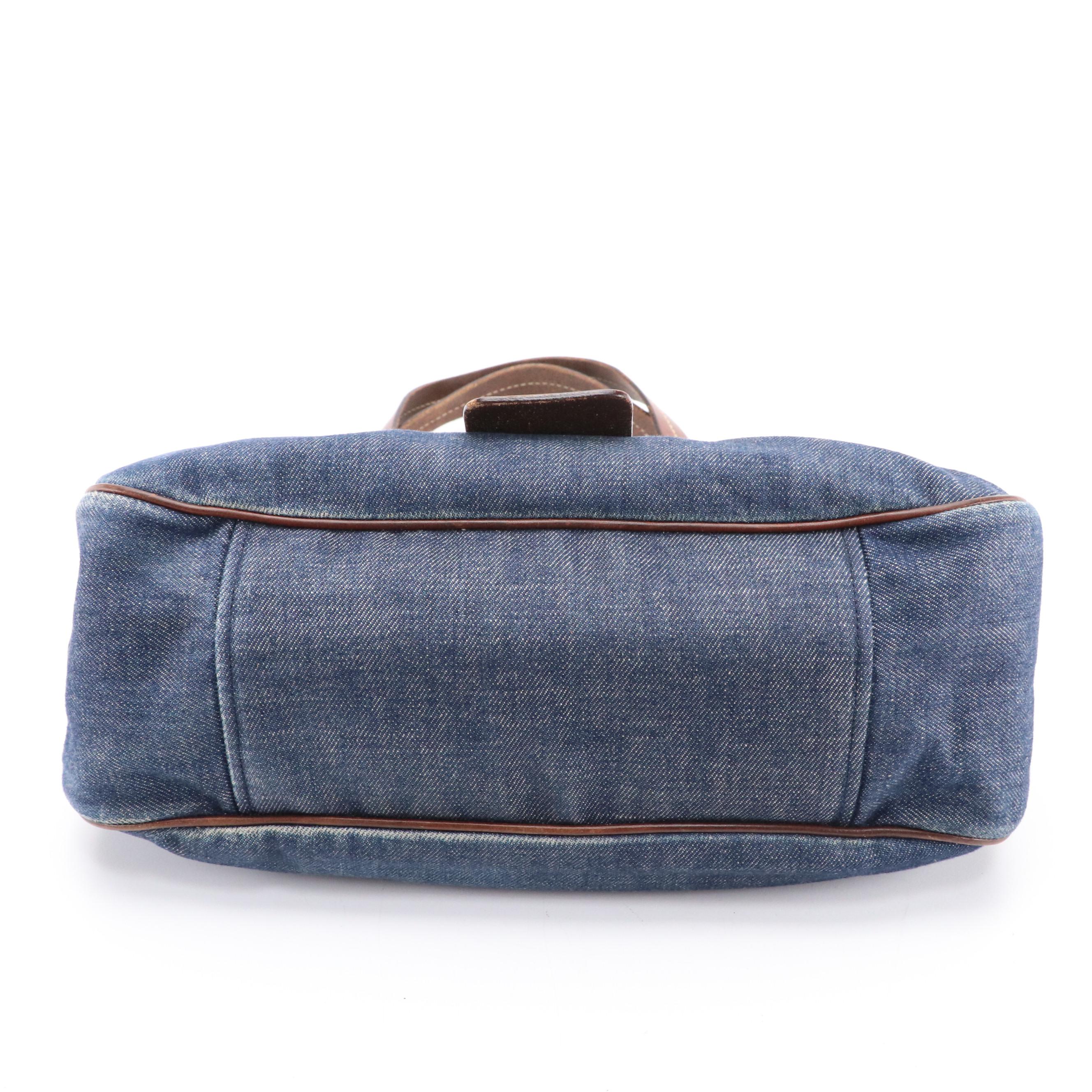 Prada Denim Shoulder Bag with Chocolate Brown Leather Trim