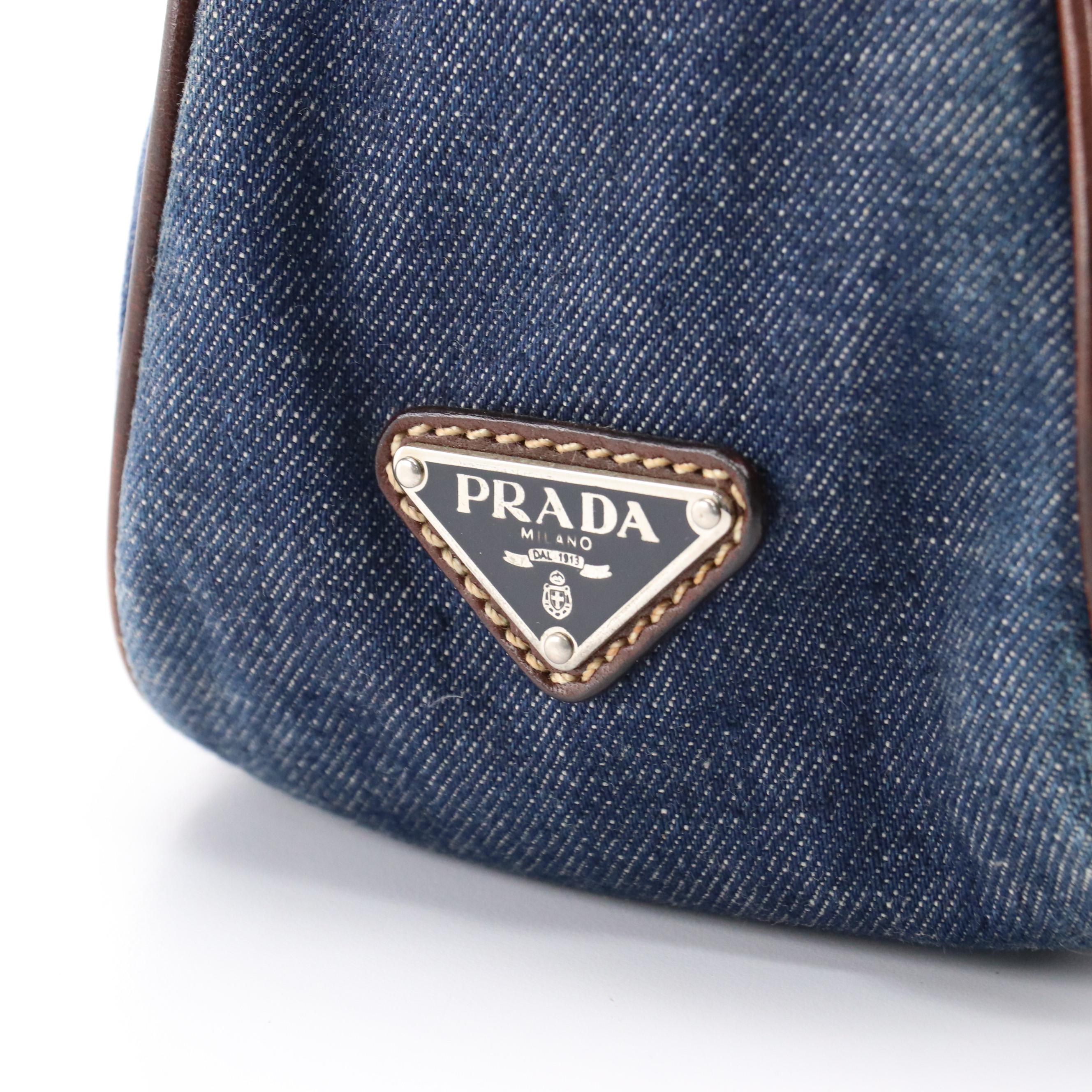 Prada Denim Shoulder Bag with Chocolate Brown Leather Trim