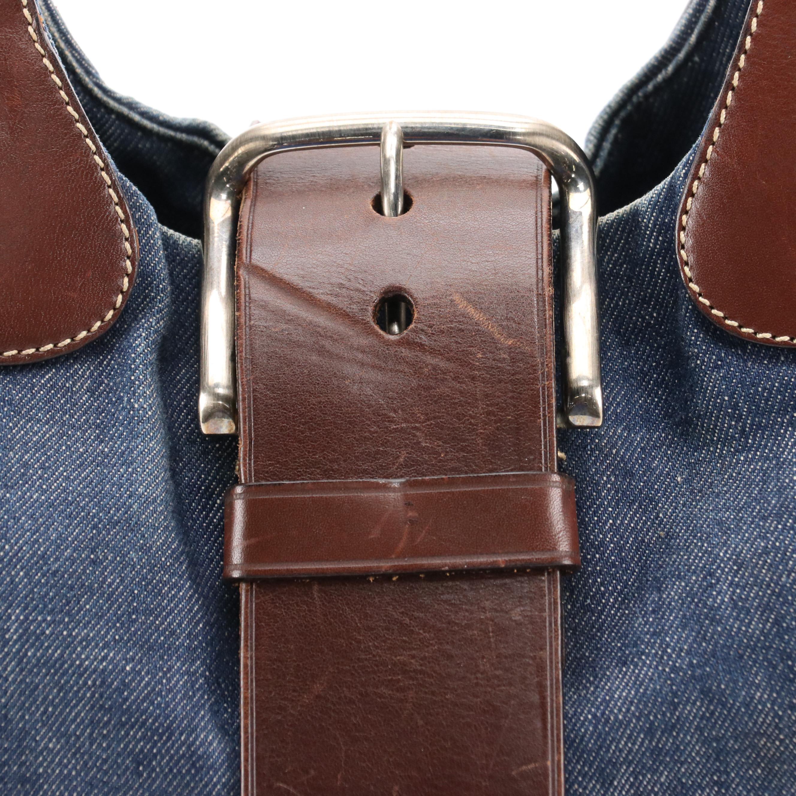 Prada Denim Shoulder Bag with Chocolate Brown Leather Trim