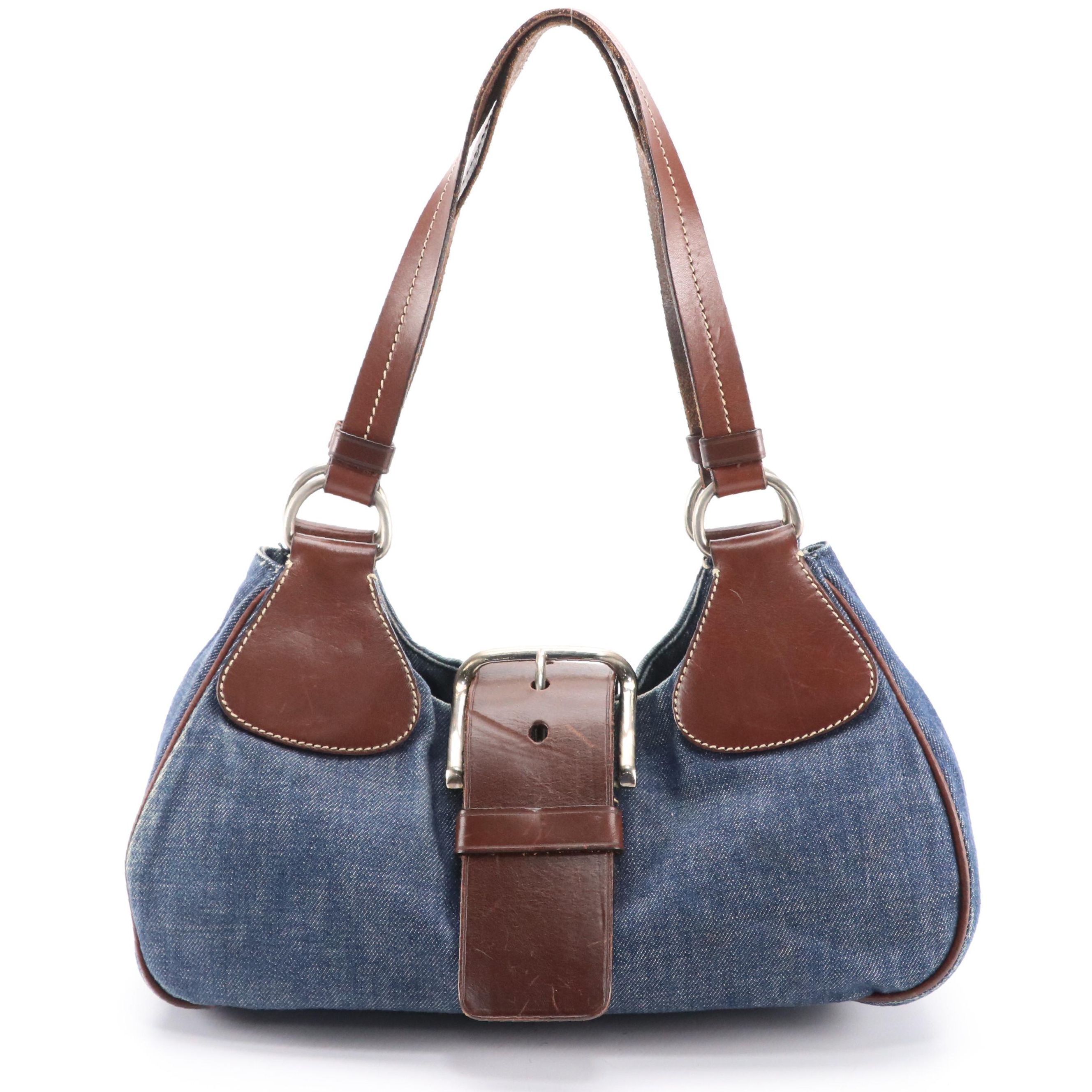 Prada Denim Shoulder Bag with Chocolate Brown Leather Trim