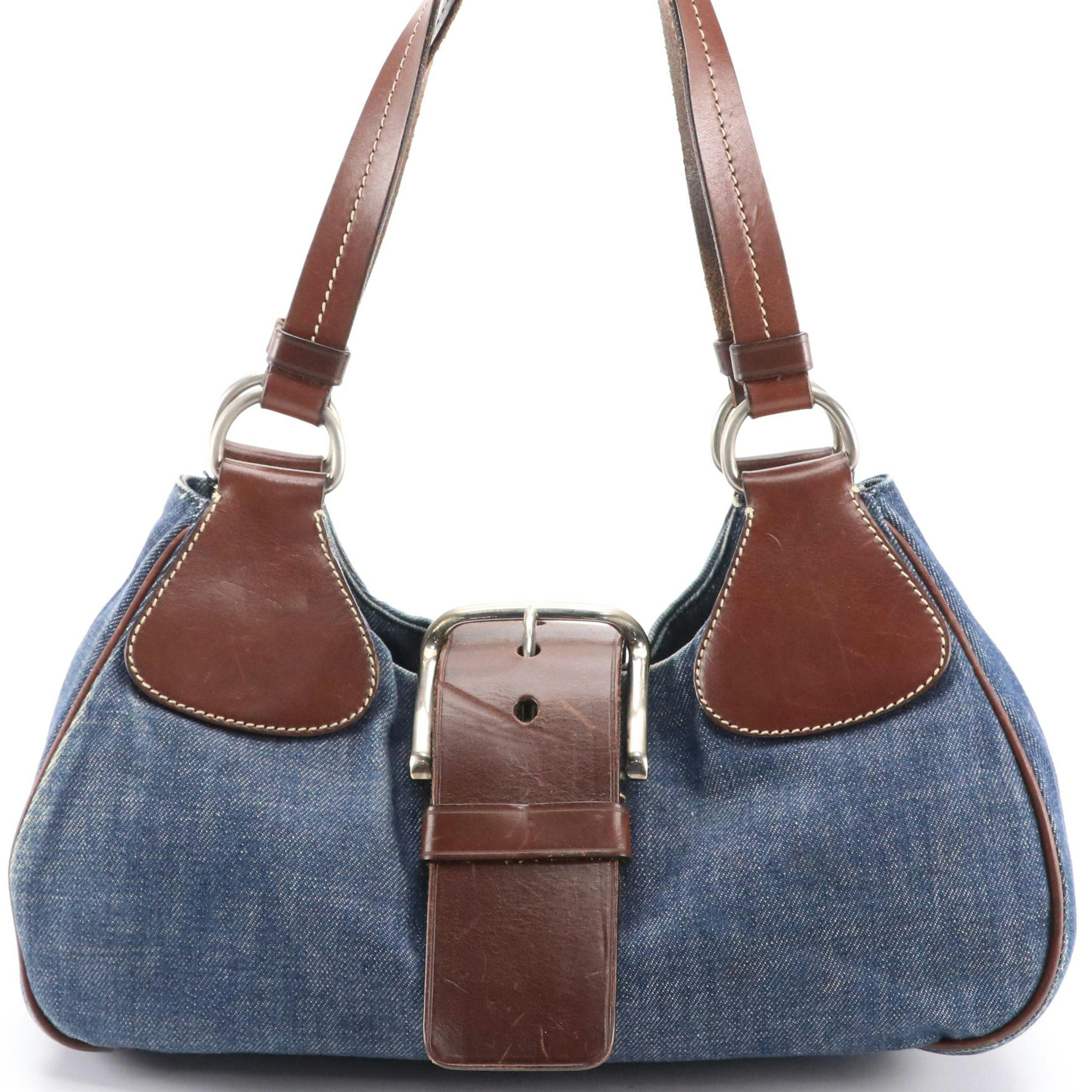 Prada Denim Shoulder Bag with Chocolate Brown Leather Trim