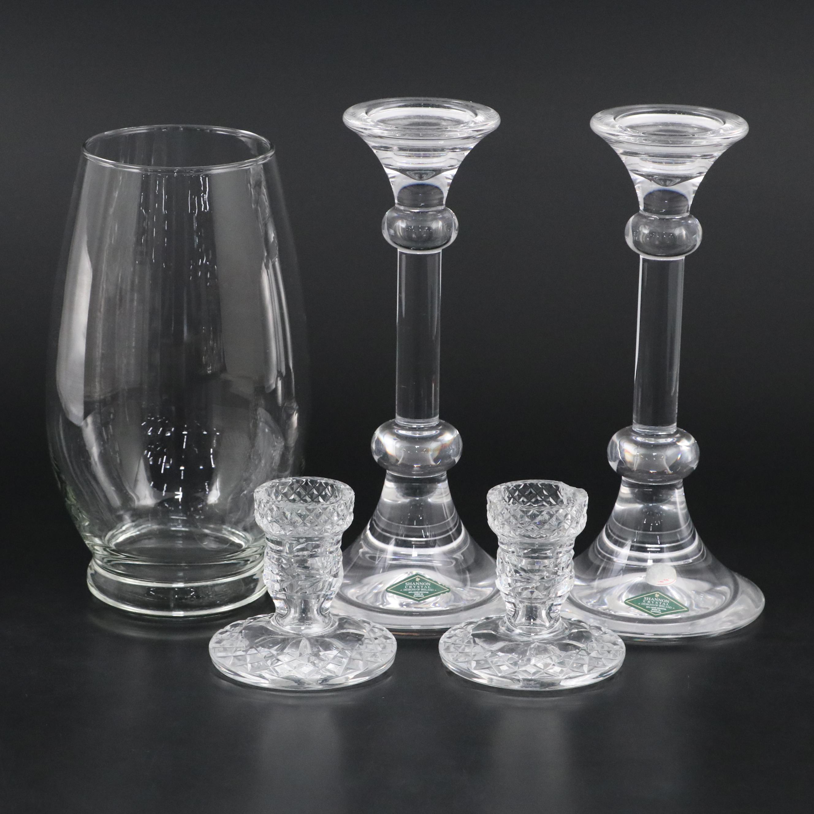 Waterford "Glandore" and Shannon Crystal Candlesticks with Other Vase