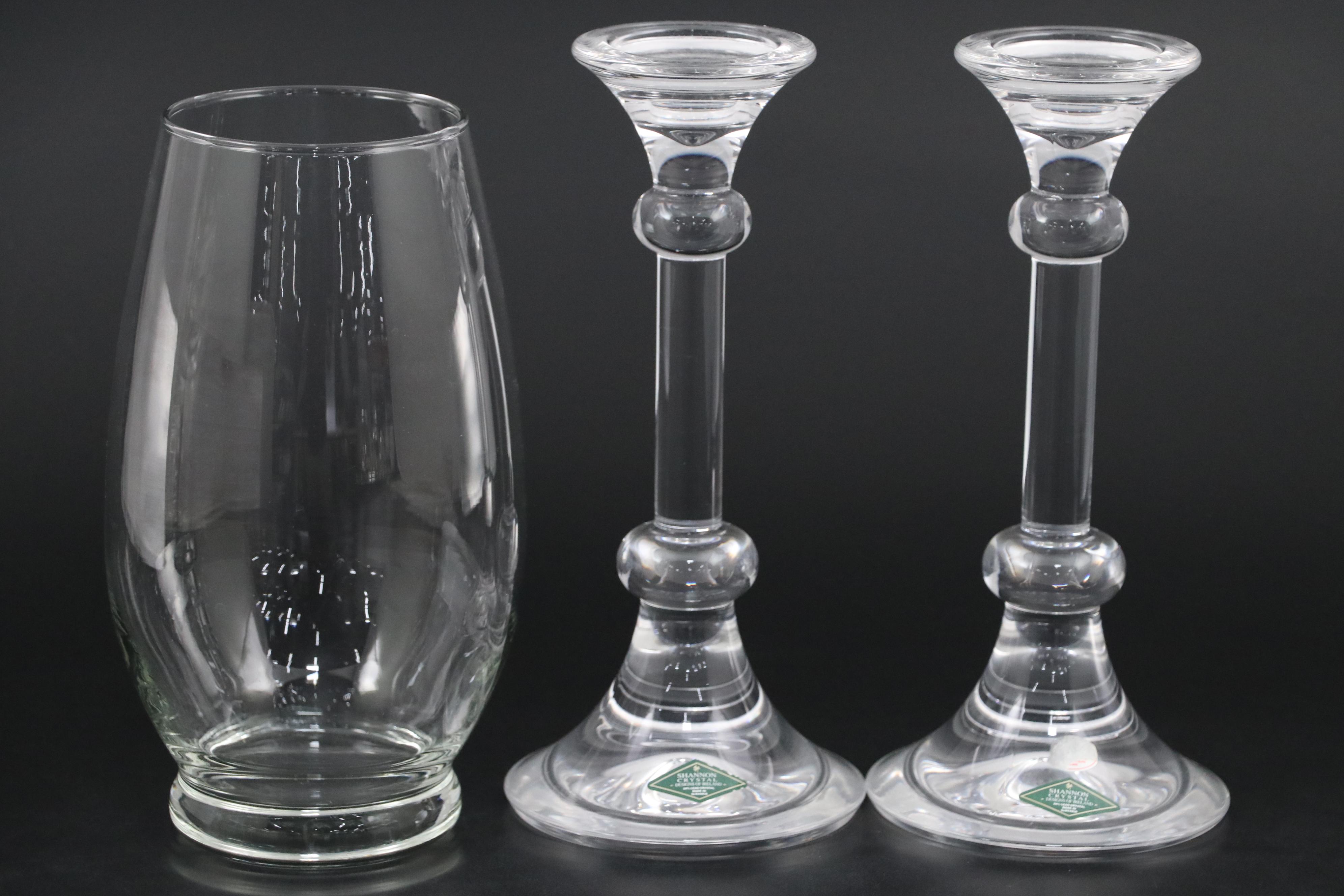 Waterford "Glandore" and Shannon Crystal Candlesticks with Other Vase