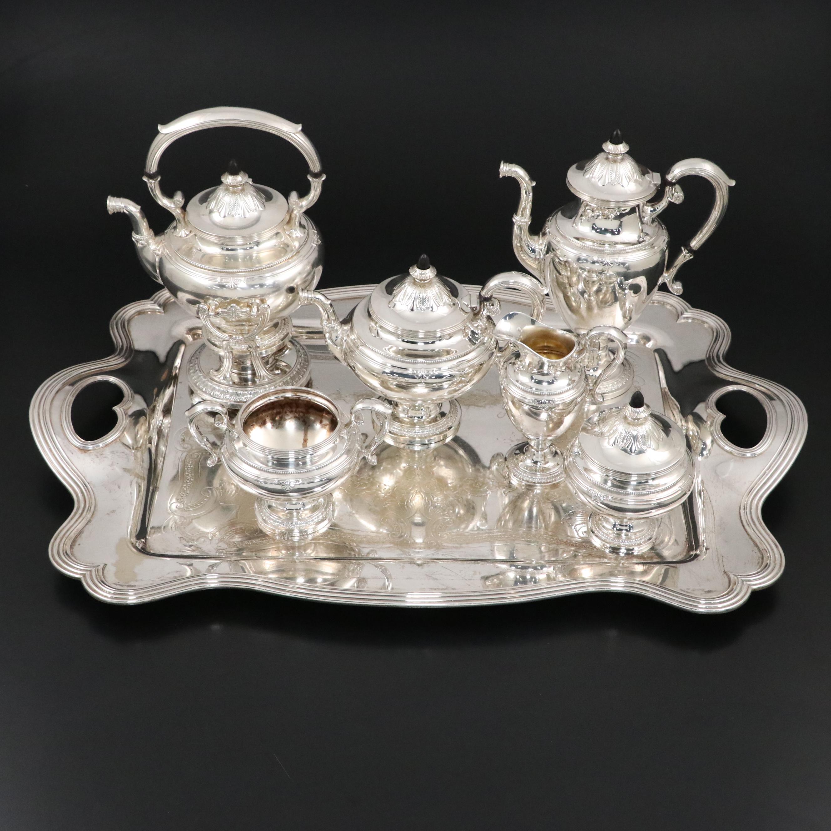 Gorham "Shamrock" Sterling Silver Tea Service with Barbour Silver Plate Tray