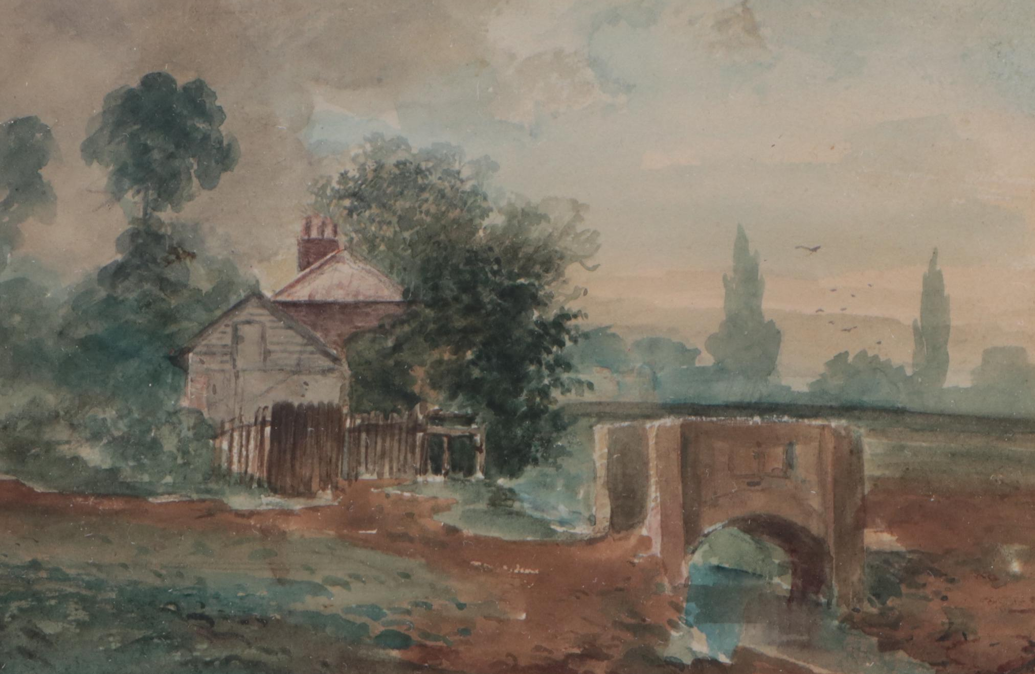 Watercolor Painting of Farmstead with Bridge