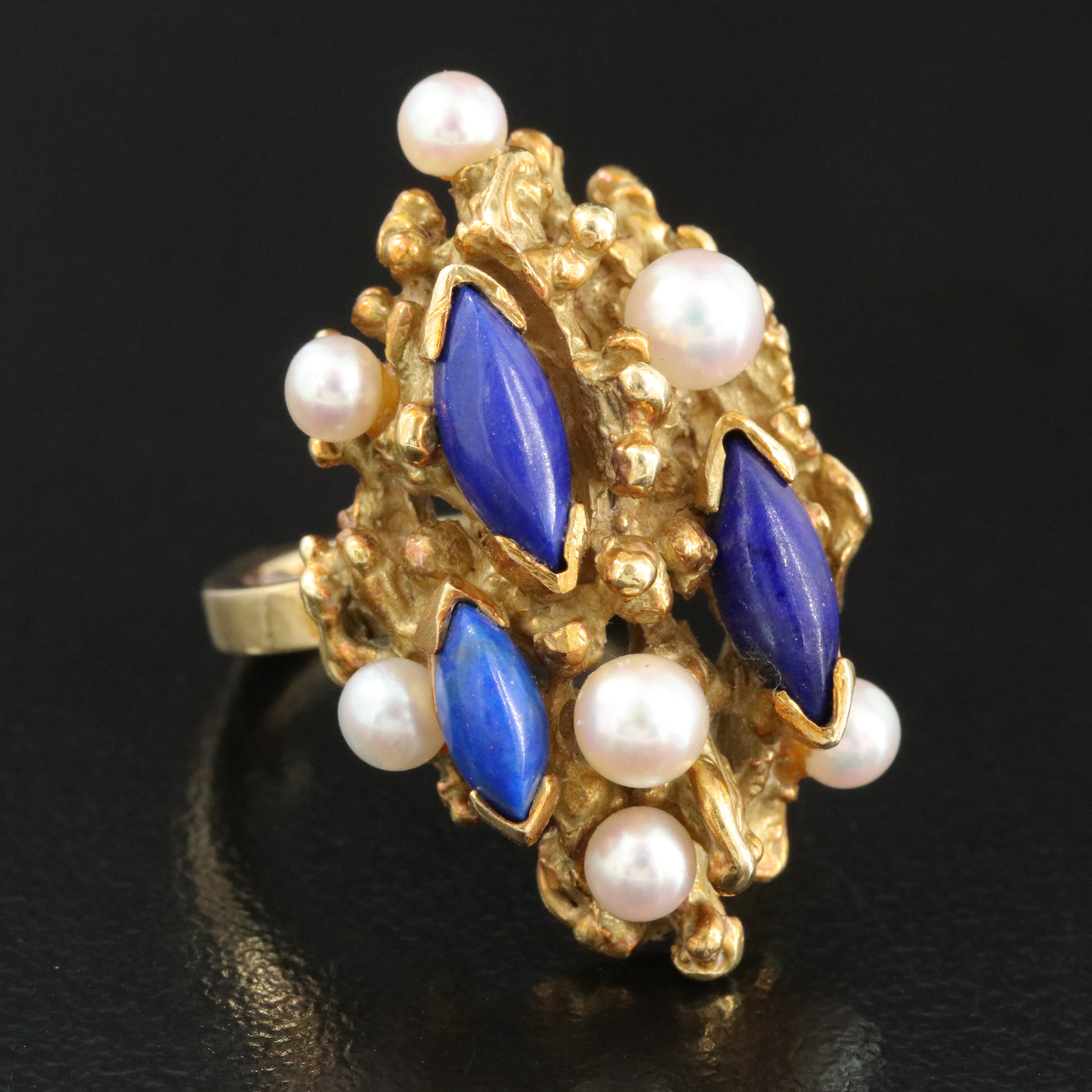 Brutalist Henkel and Grosse 18K Lapis Lazuli and Pearl Ring