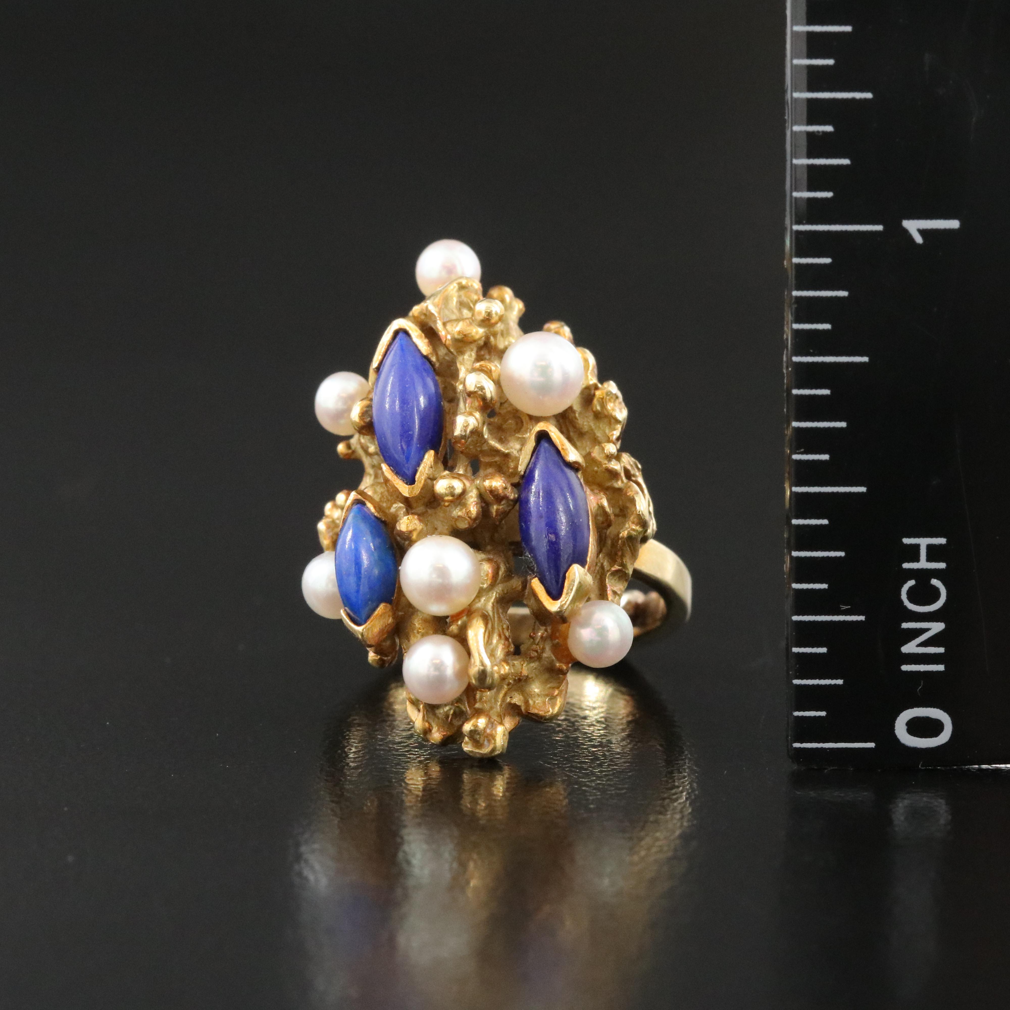 Brutalist Henkel and Grosse 18K Lapis Lazuli and Pearl Ring