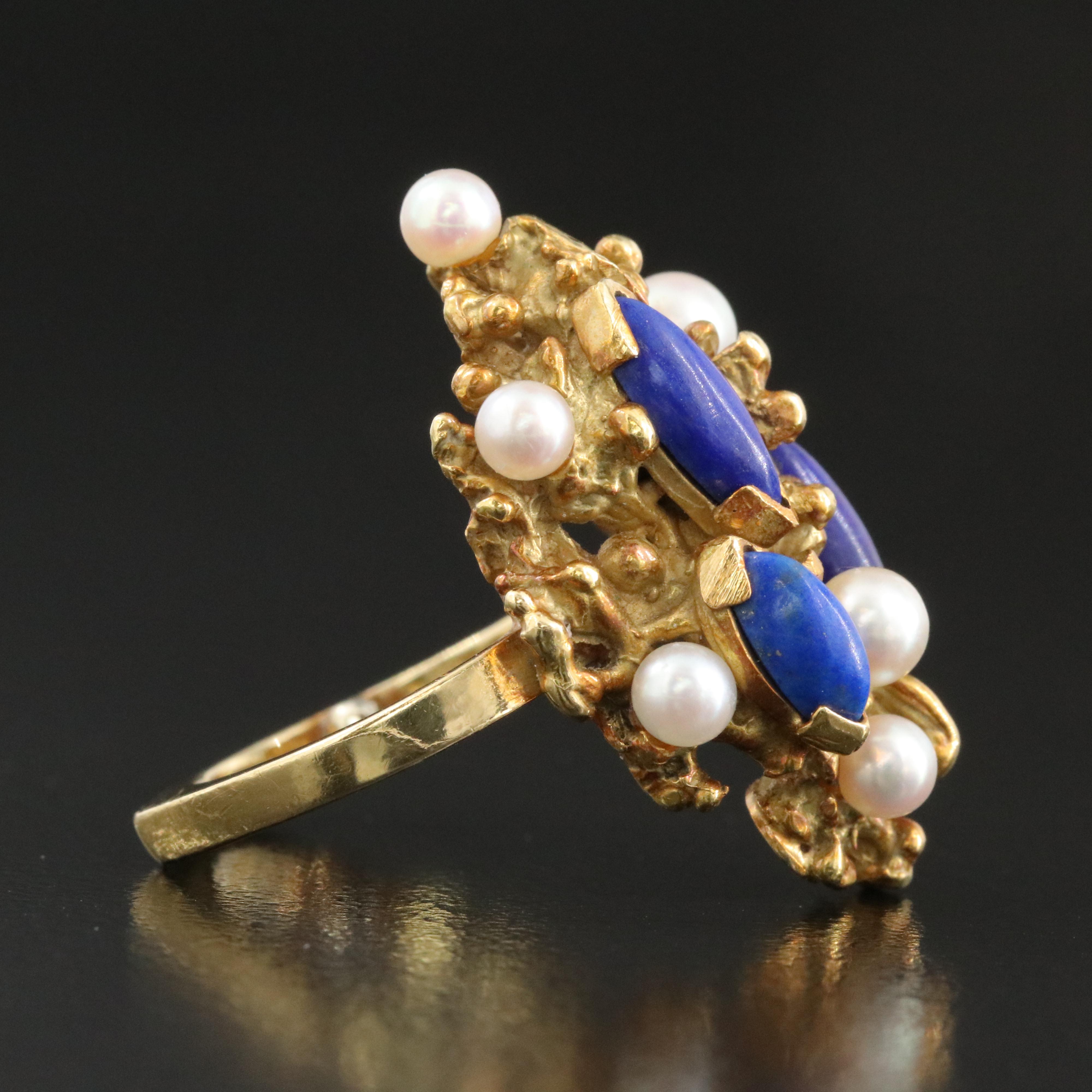 Brutalist Henkel and Grosse 18K Lapis Lazuli and Pearl Ring