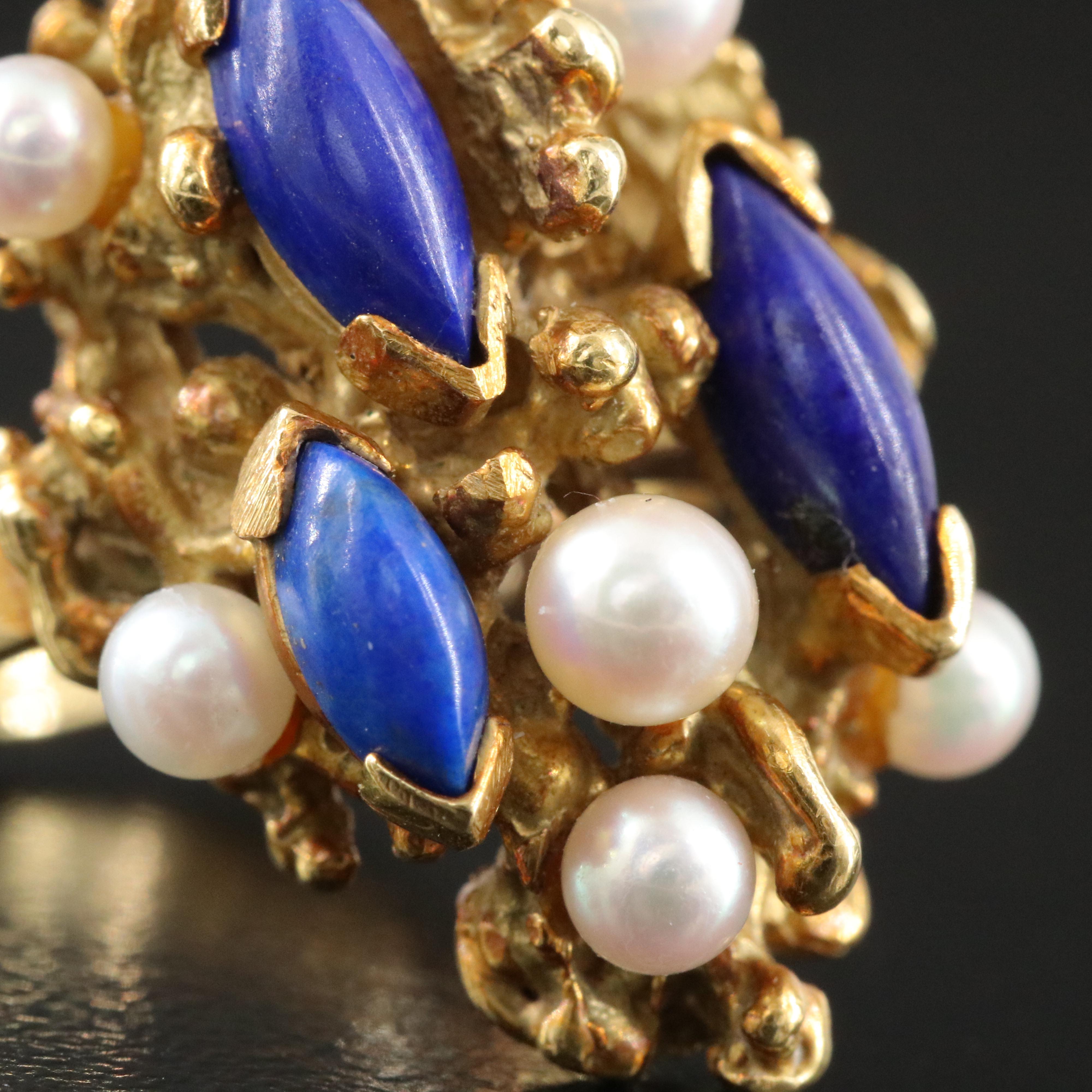 Brutalist Henkel and Grosse 18K Lapis Lazuli and Pearl Ring