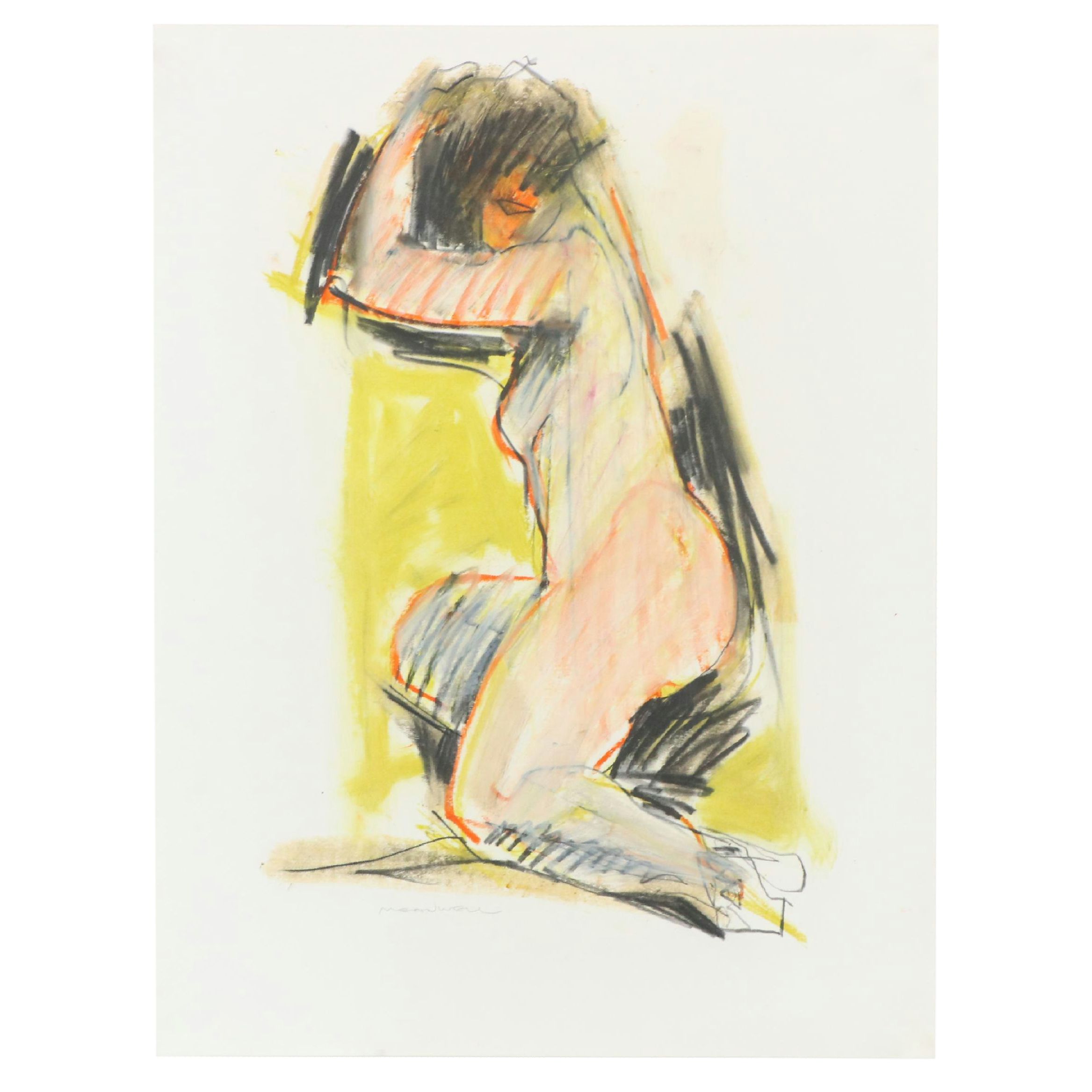 Jack Meanwell Modern Figural Nude Oil Pastel Drawing, Late 20th Century