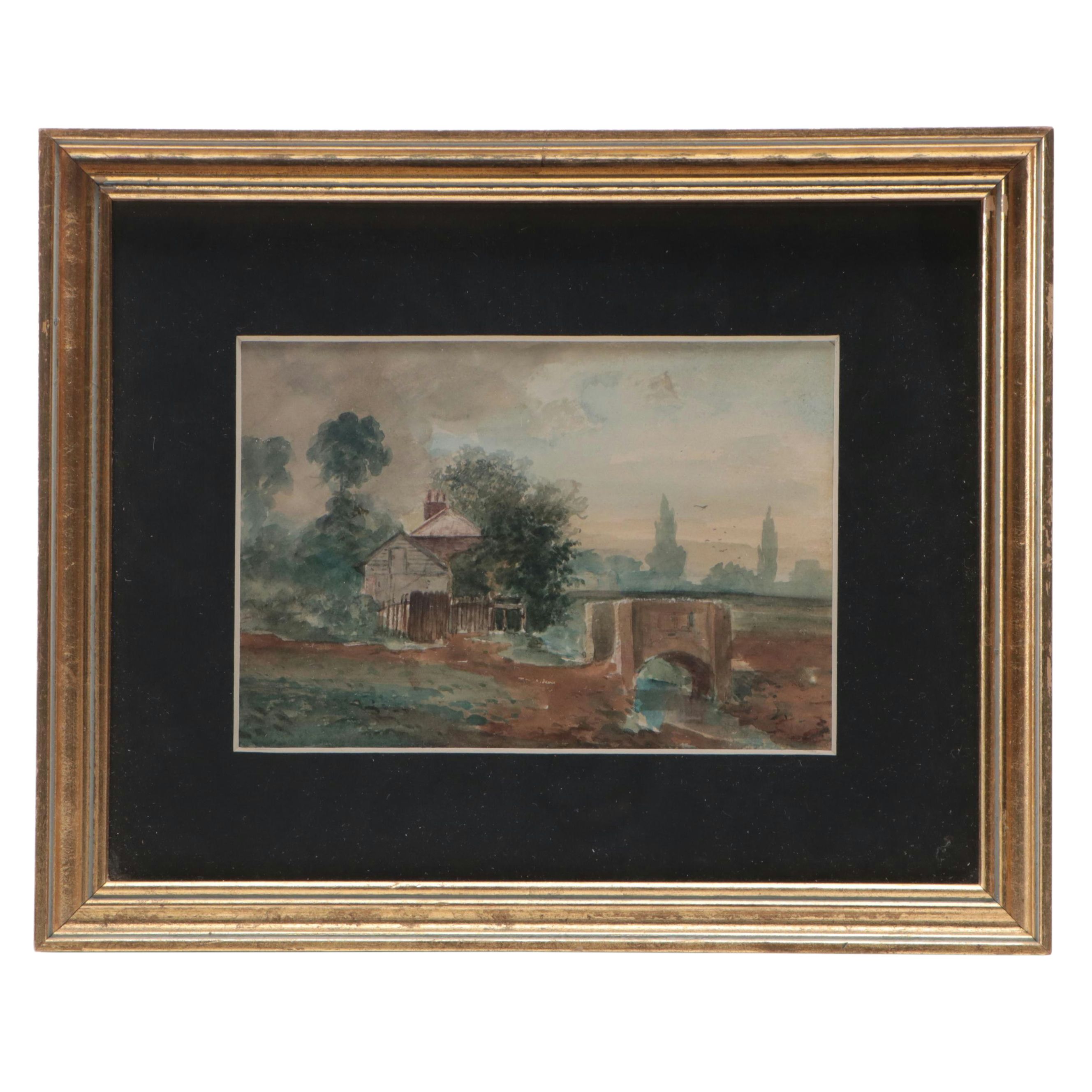 Watercolor Painting of Farmstead with Bridge