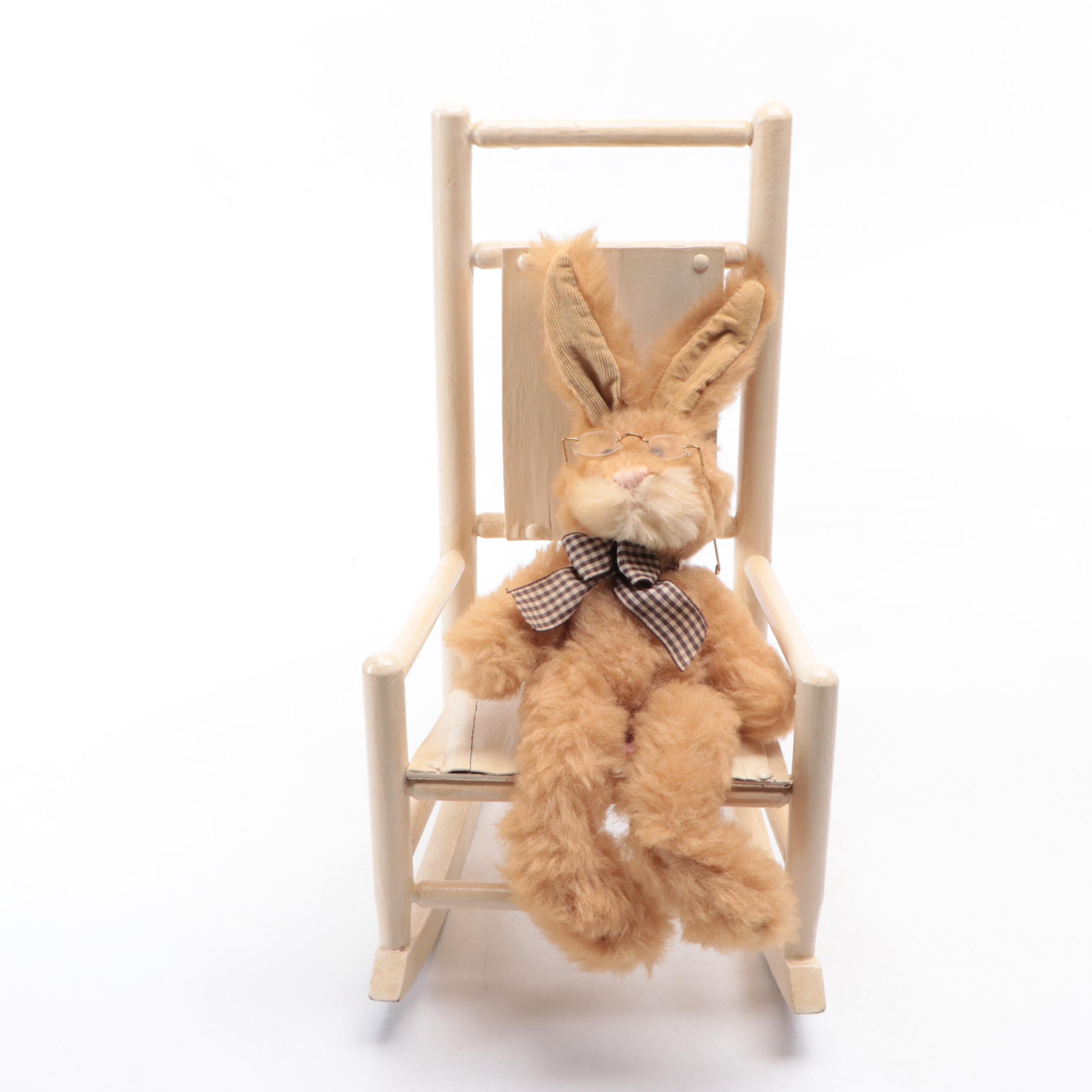 Miniature Wooden Windsor Chair and Rocking Chair with Stuffed Toy Rabbit