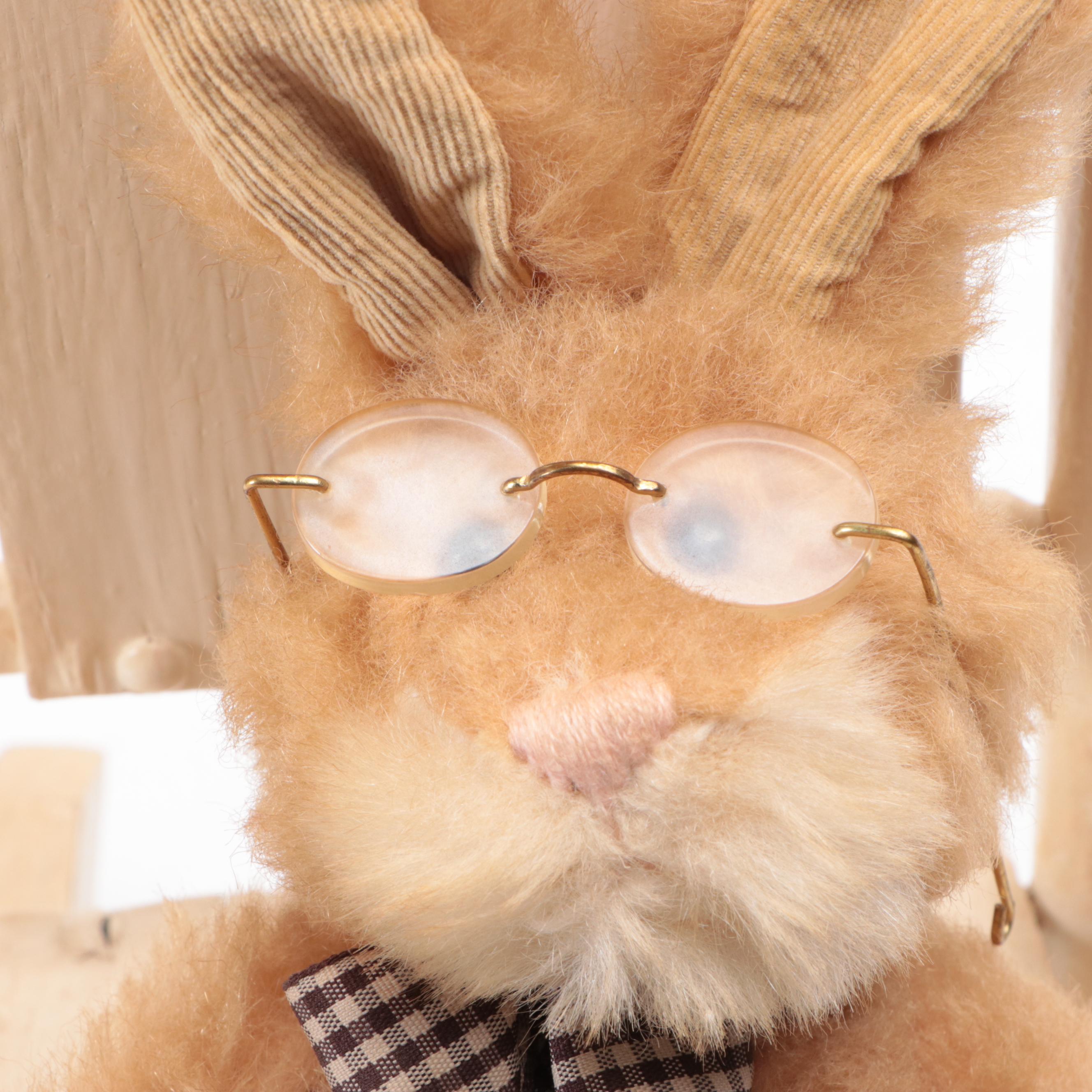 Miniature Wooden Windsor Chair and Rocking Chair with Stuffed Toy Rabbit