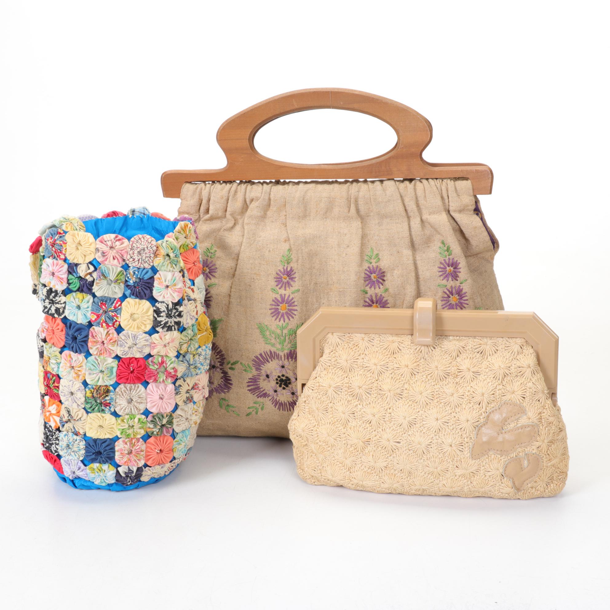 Embroidered Linen Knitting Bag, Yo-Yo Bag and "Ralfeaux" Crocheted Frame Purse