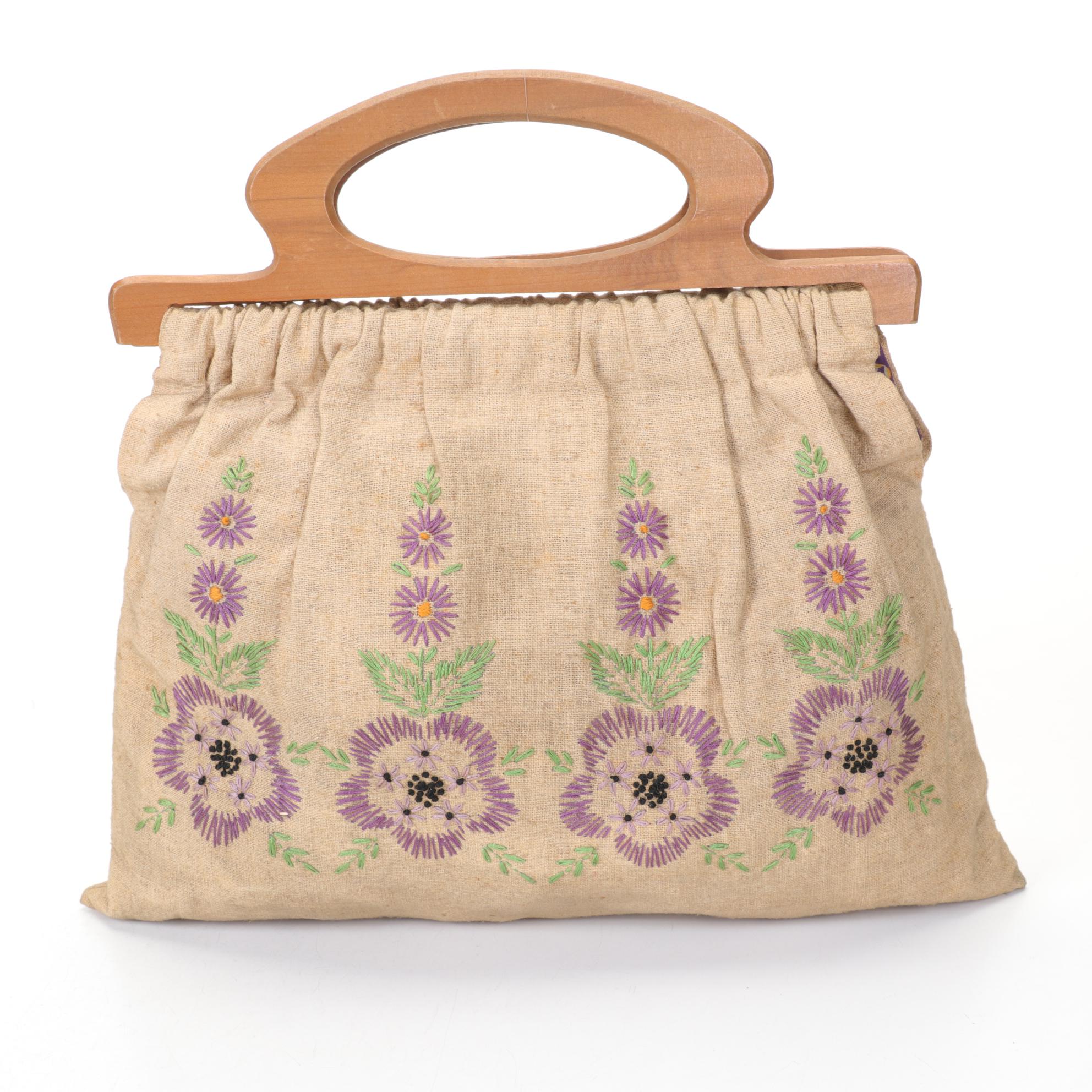 Embroidered Linen Knitting Bag, Yo-Yo Bag and "Ralfeaux" Crocheted Frame Purse