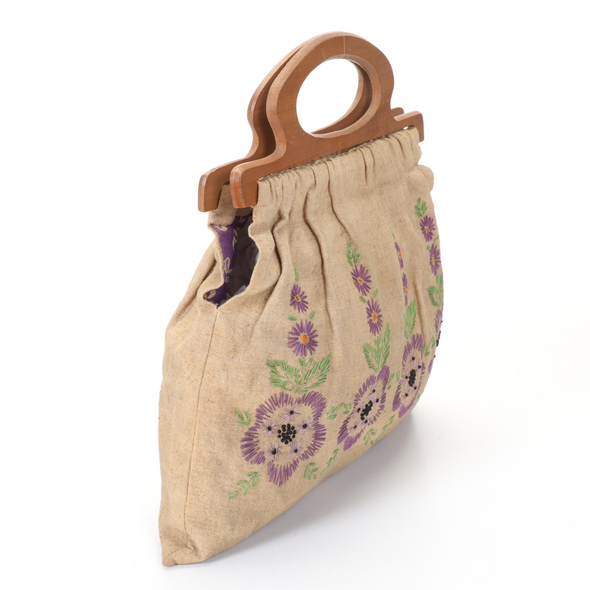 Embroidered Linen Knitting Bag, Yo-Yo Bag and "Ralfeaux" Crocheted Frame Purse