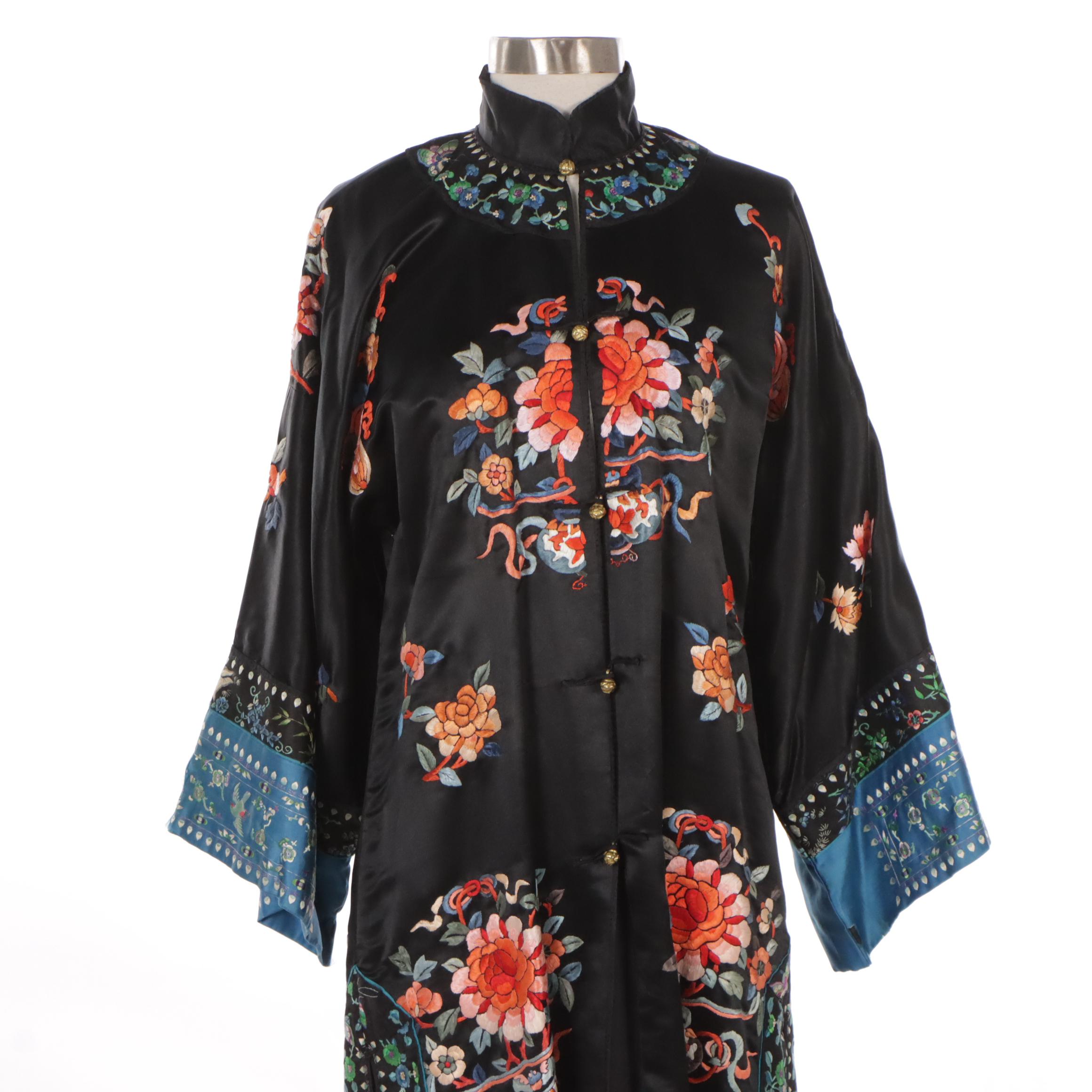 Chinese Peony Hand-Embroidered Silk Robe with Brass Buttons
